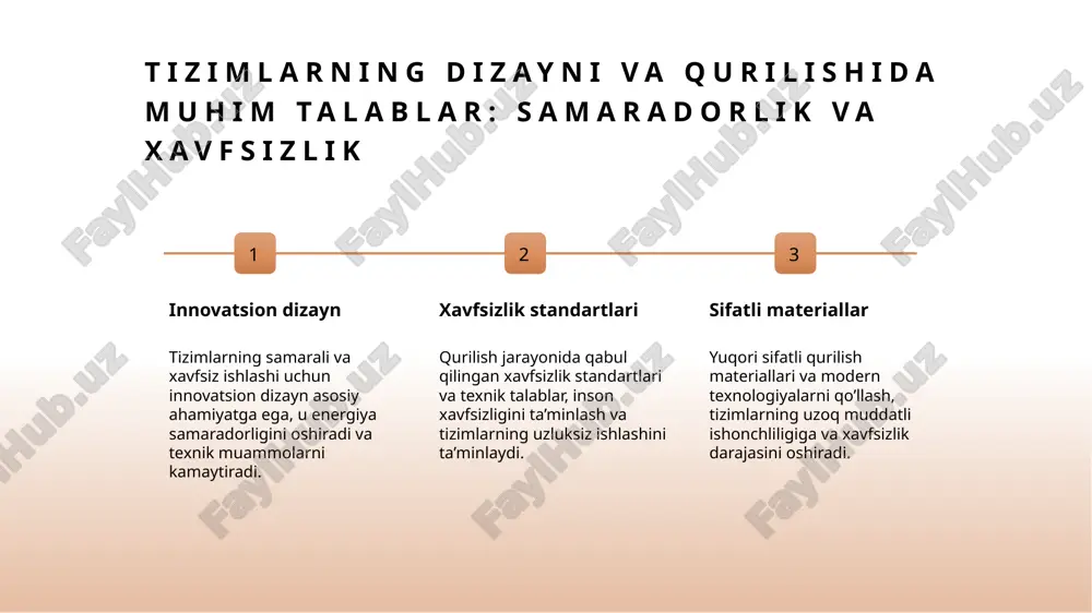 tr tarmoqlarida favqulodda vaziyatlarda xavfsizlikni ta'minlash uchun avtomatik o‘chirish va buzilishlar uchun xavfsizlik mexanizmlari joriy etiladi. texnik xizmat va profilaktika uzilishlarni oldini olish uchun muntazam texnik xizmatlar, uzluksizlikni ta’minlash va muhim komponentlarning nazorati muhim ahamiyatga ega. tarmoq xizmatining ishonchliligini baholash va nazorat qilish mezonlari ishonchlilik mezonlari elektr tarmog‘ining ishonchliligini baholash uchun uzilishlar soni, uzilishlarning davomiyligi va ta’minlash darajasi kabi ko‘rsatkichlar o‘lchanadi. bu mezonlar tarmoqning barqarorligini ta’minlashda muhimdir. monitoring va baholash tarmoqlarni muntazam texnik nazorat qilish, muammo va kamchiliklarni tezda aniqlash uchun vazifalarni belgilash va statistik ma’lumotlar asosida tahlil qilish talab etiladi. xavfsizlik va barqarorlik tarmoq xizmatining ishonchliligini oshirish uchun xavfsizlik standartlariga rioya qilish, favqulodda vaziyatlar uchun chora-tadbirlar va uzilishlarni kamaytirish strategiyalari amalga oshiriladi. xulosa 1 elektr tarmoqlari va tizimlarining asosiy tuzilishi elektr tarmoqlari energiya uzatishda xavfsizlik va ishonchlilikni ta'minlaydigan murakkab arxitektura va funktsional komponentlardan iborat tizimlardir. ular uzluksiz energiya ta'minoti uchun muhimdir. 2 standartlar va xavfsizlik talablari muhimligi xalqaro va …
