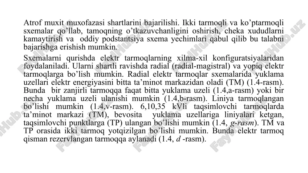 2019. → elektr tarmoqlarini loyihalash bosqichlari, sxemalar va himoya vositalari haqida to‘liq tushuntirish. 5. v. a. venikov. elektricheskie sistemi i seti. – moskva: visshaya shkola, 2016. → elektr tizimlarining nazariy asoslari, yuk taqsimoti, qisqa tutashuv hisoblari va himoya tizimlari. 6. pue – pravila ustroystva elektroustanovok. 7-izdanie. – moskva, 2020. → elektr o‘rnatmalarini qurish va loyihalashda amal qilinadigan asosiy qoidalar to‘plami (o‘zbekistonda ham keng qo‘llaniladi). image1.png image2.png image3.png /docprops/thumbnail.jpeg