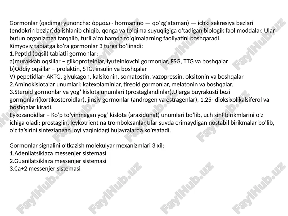 r. bu moddalar gormonlar - hayot uchun zarur bo'lgan kimyoviy regulyatorlardir. endokrin bezlar ham mustaqil organlar, ham epiteliy (chegara) to'qimalarining hosilalari bo'lishi mumkin. /docprops/thumbnail.jpeg