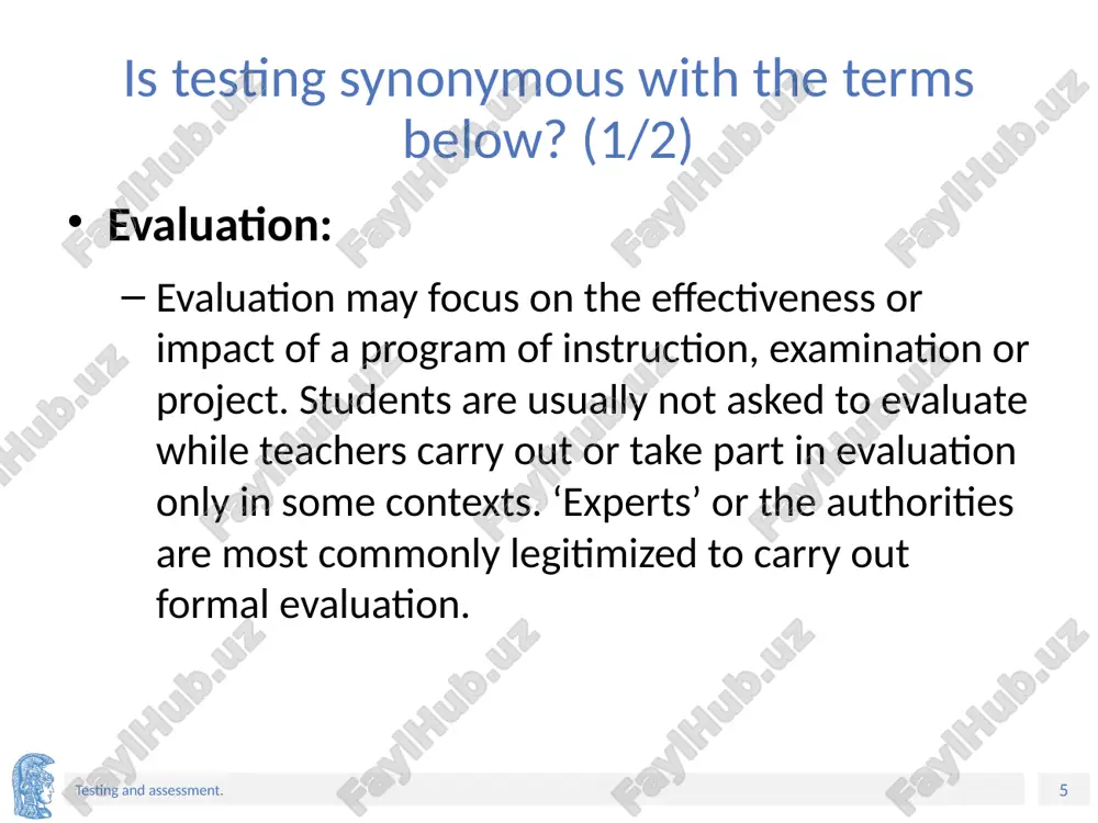 indicate their competence. ‹#› testing and assessment. what do tests do? (2/2) performance testing, which includes direct, systematic observation of an actual student performance or examples of student performances and rating of that performance according to pre-established performance criteria. students are assessed on the result as well as the process engaged in a complex task or creation of a product. / a performance test measures performance on tasks requiring the application of learning in an actual or simulated setting. either the test stimulus, the desired response, or both are intended to lend a high degree of realism to the test situation. ‹#› testing and assessment. do all language tests aim at measuring communicative competence? (1/2) no. they may test aspects of language knowledge and skills which are considered to be indicators of communicative competence. so, are all types of tests ‘communicative’? tests identified as ‘communicative’ are those which are interaction-based, …