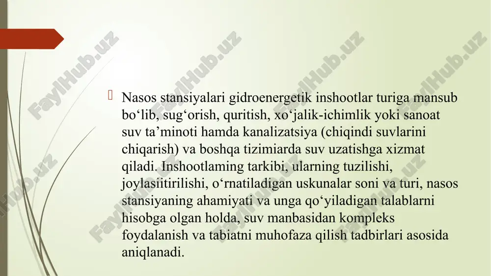 uning qirg’og’i mustahkam bo’lgan hollarda qo’llaniladi. ular o’zi boshqariladigan va o’zi boshqarilmaydigan bo’lishi mumkin. o’zi boshqarilmaydigan kanallarning suv sarfi va suv sathi uning bosh qismiga qurilgan suv olish inshooti darvozalari bilan tartibga solib turiladi. o’zi boshqariladigan kanaldagi suv sathi manbadagi suv sathiga va nasos stansiyaning ish tartibiga bog’liq ravishda o’zgaradi. chunki bunday kanallarni bosh qismida suv olish inshooti qurilmaydi. o’zi boshqarilmaydigan kanalda uni bosh qismiga suv olish inshooti quriladi va nasos stansiya binosining balandligi ancha past bo’ladi. image1.png image2.png image3.png image4.jpeg image5.png image6.png media1.mp4 image7.png media2.mp4 image8.png image9.png image10.png /docprops/thumbnail.jpeg