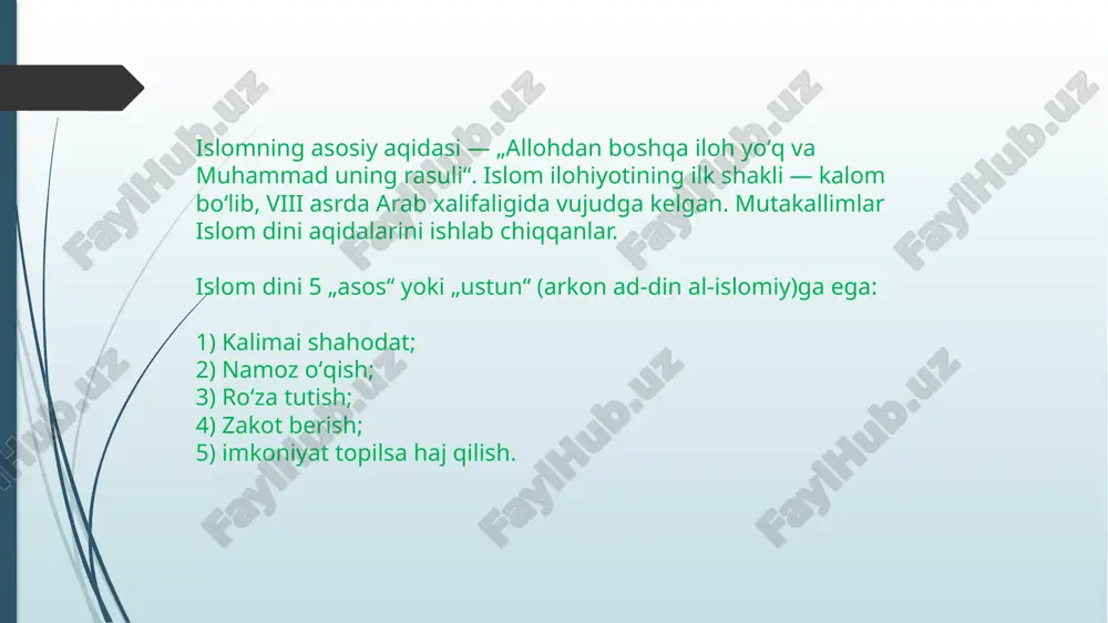 dovud alayhissalom. 18. sulaymon alayhissalom. 19. ilyos alayhissalom. 20. al-yasa’ alayhissalom. 21. zakariyo alayhissalom. 22. yahyo alayxissalom. 23. zulkifl alayhissalom. 24. iso alayhissalom. 25. muhammad alayhissalom. hadis (arabcha: xabar, gap, yangilik) — payg'ambar muhammad mustafo sollalohu alayhi vassalamning aytgan gaplari, qilgan ishlari, iqrorlari toʻgʻrisidagi rivoyat. islom dinida qurʼondan keyin 2-manba hisoblanadi. hadis 2 qismdan iborat boʻladi: matn va isnod. hadis 2 turga — hadisi qudsiy (maʼnosi alloh taoloniki, aytilishi rasululloh tomonidan boʻlgan hadislar) va hadisi nabaviyga boʻlinadi. hadislar eʼtiborga olinishi jihatidan 3 qismga boʻlinadi: 1) sahih (ishonchli); 2) hasan (yaxshi); 3) zaif. hijriy lll asrda hadis taʼlif etish sohasida „musnad“, „sahih“, „sunan“ deb atalmish turli yoʻnalishlar vujudga keldi. „musnad“ yoʻnalishida tas-nif etilgan toʻplamlarda turli mavzudagi hadislar bir joyda keltirilib, ular hadis rivoyat qiluvchi sahobalarning islom dinini qabul qilgan vaqtiga koʻra yoki alifbo tartibida joylashtirilgan. abu hanifa, ahmad ibn hanbalgʻging hadis kitoblari shu yoʻnalishga mansub. „sahih“ yoʻnalishiga tugʻri, ishonarli hadislar kiritilgan. …