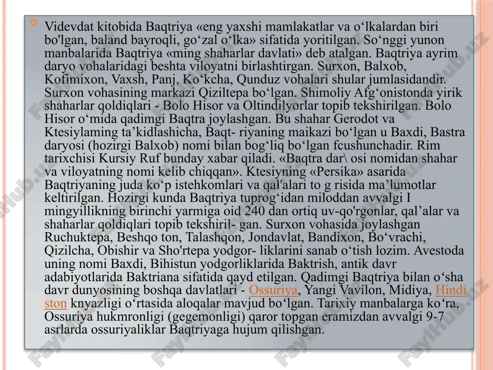 q madaniyati yunon, hind va fors madaniyatlari anʼanalari taʼsirida ham boyigan. miloddan avvalgi 2 — 1-asrlarda ipakchilik va pillachilik rivojlangan (yana q. sopollitepa). bu davrga oid meʼmorlik yodgorliklari, numizmatika materiallari, tasviriy va amaliy sanʼat namunalari termiz, zartepa, dalvarzintepa. qalʼai mir, xolchayon va boshqa joylardan topilgan. jan. b.dagi bagram, balx, dashli, dilbarjin, oyxonim, oltindiltepa, xadda (afgʻoniston) va taksila (pokiston)da olib borilgan arxeologik tadqiqotlar bu hakdagi maʼlumotlarni yanada boyitdi. baqtriya o'sha davrda juda katgagina qo'shinga ham ega bo'lgan, tez-tez bo'lib turadigan jangu jadallar ham baqtriya taraqqiyotini to'xtata olmagan. xo'jalikning turli sohalaridagi rivoji natijasida savdo-sotiq ham ancha kamol topgan. bu davrda baqtriyalik savdogarlar chin-mochin, hindiston va eron kabi mamlakatlar bilan iqgisodiy aloqalar olib borganlar. baqtriya ziroatkorlari yetishtirgan mahsulotlar haqida yunon va chin manbalarida o'ta hayajon bilan so'z yuritiladi baqtriyalik hunarmandlar oltin, kumush, qo'rg'oshin, qalayi, mis va bronzadan juda nafis zebu ziynat buyumlari, uy-ro'zg'or va xo'jalik qurollari yasaganlar. bu davrda to'quvchilik, ko'nchilik, qurolsozlik va …