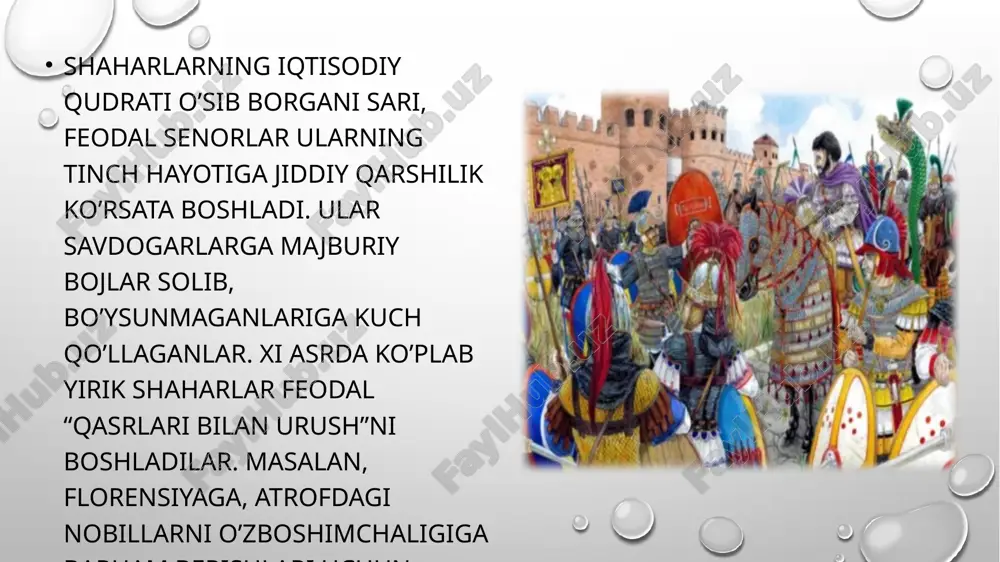 nning bankirlari esa mamlakat ichida va undan tashqarida katta mavqega ega bo’lishgan, fransiya, germaniya, ispaniya va boshqa yevropa mamlakatlarini feodal zodagonlari, savdogarlari va xukmdorlariga keng ravishda qarz berishgan. manufaktura (lotincha manus – qo’l va fakure – tayyorlamoq) ishlab chiqarishida tashkilotchi savdogar – tadbirkor bo’lib, yevropada birinchi bo’lib manufaktura yirik italiya shaharlari – florensiya, sena, lukka, bolonyada xiv asr boshlarida vujudga keldi. xiii asrda florensiyada shakllangan movutchilik ishlab chiqarishi 28 ta operatsiyadan iborat bo’lgan. xv asrning ikkinchi yarmida florensiya respublikasida yashagan dominikan monaxi jirolamo savonarola florensiyani boshqargan medichilar xonadoni vakili lorenso va keyinchalik uni o’g’li peroni moliyaviy siyosatini, respublika tartiblarini buzilishiga yo’l qo’yganlikda tanqid qiladi. savonarola ilk xristianlik tartiblarini tiklashga chaqiradi. natijada savonarola cherkovdan chetlatiladi, va daxriylikda ayblanib 1498 yilda daxriy sifatida gulxanda yondiriladi. jiralamo savonarolo fridrix i o’sha zamonda g’oyat ko’p hisoblangan qo’shin bilan 1158 yilda italiyaga kirib keldi. voqeanavislar, mubolag’a qilib bo’lsa kepak, fridrix 100 ming kishilik qo’shin boshlab …