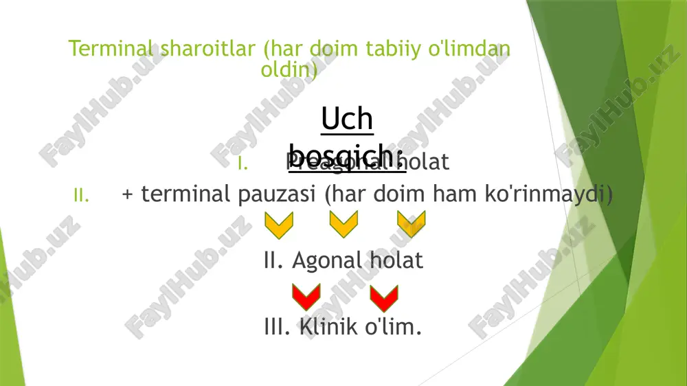 ozga sostavlyaet lish ot 2% massi tela, normalnaya deyatelnost tsns trebuet 20% vsego potreblyaemogo organizmom kisloroda. 12 yarim sharlar korteksi serebellum optik talamus gippokamp medulla orqa miya avtonom asab tizimining ganglionlari klinik o'lim belgilari: itak, mi viyasnili nekotorie osobennosti techeniya klinicheskoy smerti. kak vi uje slishali, eto sostoyanie diagnostiruyut po opredelyonnim priznakam, k kotorim otnosyat: komu, diagnostiruemuyu na osnovanii otsutstviya soznaniya i po rasshirennim zrachkam, ne reagiruyushim na svet. apnoe, registriruemoe vizualno i taktilno, po osyazaniyu dixaniya i otsutstviyu dixatelnix dvijeniy grudnoy kletki. asistoliyu, registriruemuyu po otsutstviyu pulsa na sonnix arteriyax. chem koroche period mejdu diagnostikoy i konstatatsiey klinicheskoy smerti i nachalom provedeniya reanimatsionnix meropriyatiy, tem bolshe shansov na jizn u bolnogo. poetomu, diagnostika i lechenie doljni provoditsya parallelno. 13 koma (ongning etishmasligi) apnea (nafas olishning etishmasligi) asistoliya (karotid arteriyalarda pulsning etishmasligi) klinik o'limning davomiyligi miyaning yuqori qismlari gipoksiya sharoitida hayotiylikni saqlab turishga qodir bo'lgan davr bilan belgilanadi. xarakterizuya klinicheskuyu …