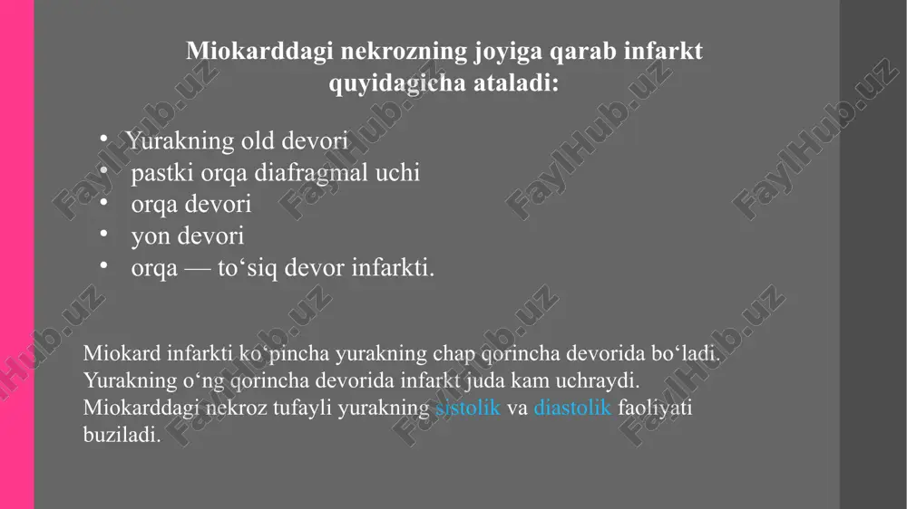 va kreatin kinaza-mb (ck-mb) asosiy rol o‘ynaydi, chunki ular miokard shikastlanishini tez aniqlaydi. kech tashxisda laktat dehidrogenaza (ldh) va aspartat aminotransferaza (ast) darajasi (2-5 kun ichida maksimumga chiqadi) o‘lchanadi. yallig‘lanish ko‘rsatkichlari (c-reaktiv protein) va natriuretik peptidlar (bnp) qo‘shimcha ma’lumot beradi. ekg va klinik belgilarga tayangan holda, bu markerlar mi ni tasdiqlash va davolashni o‘z vaqtida boshlashda muhimdir. xulosa "kardiologiya" (davlatov s., o‘zbekiston, 2018) "yurak kasalliklari va ularni davolash" (a.a. abduvaliyev, 2020) "braunwald's heart disease: a textbook of cardiovascular medicine" (eugene braunwald, 12-nashr, 2021) "the esc textbook of cardiovascular medicine" (european society of cardiology, 3-nashr, 2019) "circulation" (american heart association jurnali) "european heart journal" foydalanilgan adabiyotlar image1.jpeg image2.jpeg image3.jpeg image4.png image5.jpeg /docprops/thumbnail.jpeg