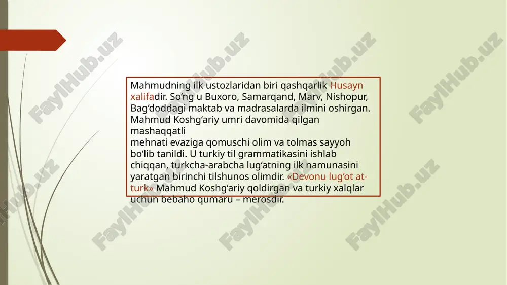 test 11. quyidagilardan «devon»da keltirilgan qaysi so‘z she’rga nisbatan qo‘llanadi? a) lirika b) yir c) saj’ d) rajaz mavzuga doir test 12. to‘nga alp er so‘zi qanday ma’no bildiradi? a) turklarning eng kuchli bahodiri b) yo‘lbars kabi kuchli bahodir c) to‘qson alpning eng kuchlisi d) burgut kabi kuchli bahodir mavzuga doir test 13. «devon»dan olingan quyidagi parchada kim haqida gap ketgan? «u tahmuraspdan uch yuz yil keyin marvni bino qilgan. ba’zilar butun movarounnahrni turklar o‘lkalaridan deb bilganlar. u yankanddan boshlanadi. uning bir oti dizro‘yindir». a) siyovush b) afrosiyob c) qaz d) barman mavzuga doir test 14. «devon»da keltirilishicha, qazvin so‘zining asli qanday ma’noni anglatadi? a) qaz o‘yini – oqqush o‘ynaydigan joy b) qaz o‘yini – qiz o‘ynaydigan joy c) qaz o‘yini – qor o‘ynaydigan joy d) qaz o‘yini – g‘oz o‘ynaydigan joy mavzuga doir test 15. mahmud koshg‘ariy qaysi munozaraga oid ko‘plab to‘rtliklarni keltirgan, ammo ular asarning bir joyida emas, …