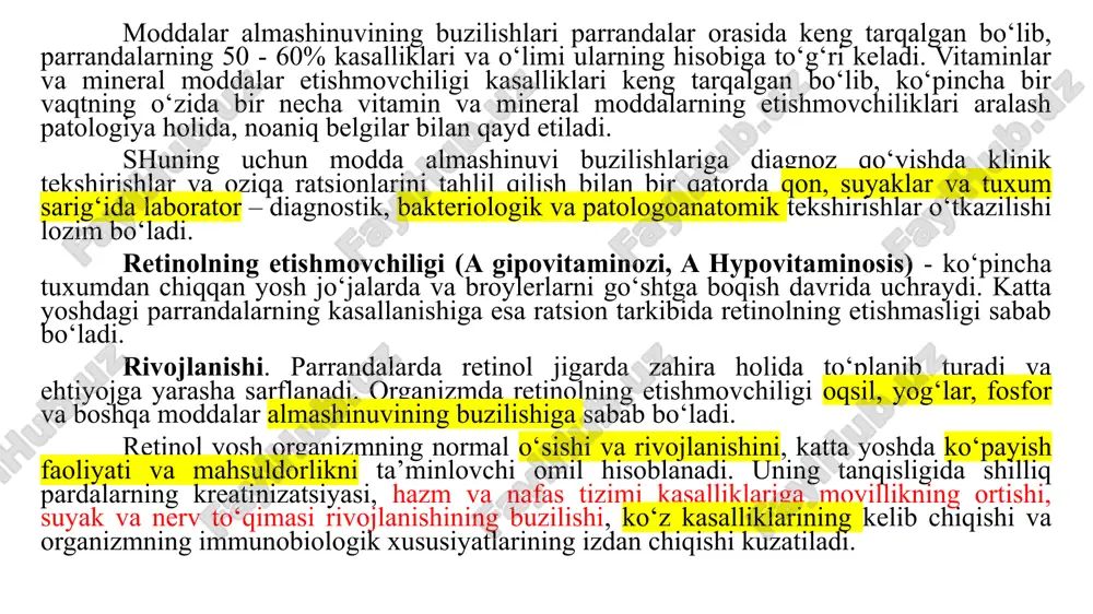 ki belgilari - tuxumning yupqa po‘choqli, ba’zida po‘choqsiz bo‘lishi, tuxum berishdan qolish, hazm tizimining jarohatlanishlari, keyinchalik, suyaklarning yumshab qolishi va sinuvchan bo‘lishi kuzatiladi. oldini olish tadbirlari. yilning fasllariga ko‘ra, parrandalarning d vitaminiga bo‘lgan ehtiyoji ham turlicha bo‘ladi. d2 vitaminiga (ergokalsiferol) nisbatan d3 - vitamini (kalsiferol) 30 marta kuchliroq antiraxitik ta’sirga ega. parrandalarning kalsiferolga nisbatan sutkalik ehtiyoji (1 boshga mkg hisobida) 10 kunlikkacha bo‘lgan jo‘jalar uchun – 0,05 – 0,1; tovuqlar uchun – 2 – 4; kurkalar uchun – 3 - 5; g‘ozlar uchun – 5 - 10. parrandalar ochiqda saqlanganda ularning d vitaminiga bo‘lgan ehtiyojlari uning provitaminlaridan quyosh nurlari ta’sirida sintezlanishi hisobiga qondiriladi. tovuqlarning d vitaminiga bo‘lgan ehtiyojlari qafaslarda saqlanganda yanada ortadi. tokoferol etishmovchiligi (e gipovitaminozi, e hipovitaminosis) - hamma turdagi parrandalar va asosan 1 oylikkacha bo‘lgan jo‘jalar kasallanadi. sabablari. oziqalar bilan organizmga tokoferolning kam miqdorda tushishi. e vitaminining asosiy manbasi yashil oziqalar hisoblanadi. tokoferol etishmaganda organizmda moddalar almashinuvi buziladi, …