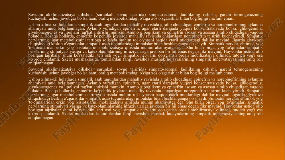 hbu xilma-xil holatlarda simpatik asab tugunlaridan mahalliy ravishda ajralib chiqadigan epinefrin va norepinefrinning aylanma ahamiyati aniq belgilanmagan. aylanib yuradigan epinefrin, agar etarli darajada yuqori konsentratsiyada bo'lsa, glikogenoliz, glyukoneogenez va lipolizni rag'batlantirishi mumkin. ammo gipoglikemiya epinefrin asosan va asosan ajralib chiqadigan yagona holatdir. boshqa hollarda, epinefrin ko'pchilik joylarda mahalliy ravishda chiqarilgan norepinefrin ta'sirini kuchaytiradi. simpatik nervlarning jigar metabolizmini tartibga solishda muhim rol o'ynashi haqida etarli miqdordagi dalillar mavjud. jigarda glyukoza chiqishidagi keskin o'zgarishlar simpatik asab tugunlaridagi impulslar bilan boshlanganga o'xshaydi. simpatik nervlar, ehtimol, yog 'to'qimalaridan erkin yog' kislotalarini mobilizatsiya qilishda muhim ahamiyatga ega. shu bilan birga, yog 'to'qimalari simpatik nervlarning stimulyatsiyasiga va katexolaminlarning infuziyalariga javoban bir hil emas degan fikr mavjud. hayvonlar ustida olib borilgan tajribalar shuni ko'rsatadiki, teri osti yog'i simpatik nervlarni qo'zg'atish orqali mobilizatsiya qilinadi, tutqich yog'i esa ko'proq chidamli. skelet mushaklarida tomirlardan farqli ravishda mushak hujayralarining simpatik innervatsiyasining aniq roli aniqlanmagan. katexolaminlarning metabolik roli ikki tomonlama. birinchidan, epinefrin …