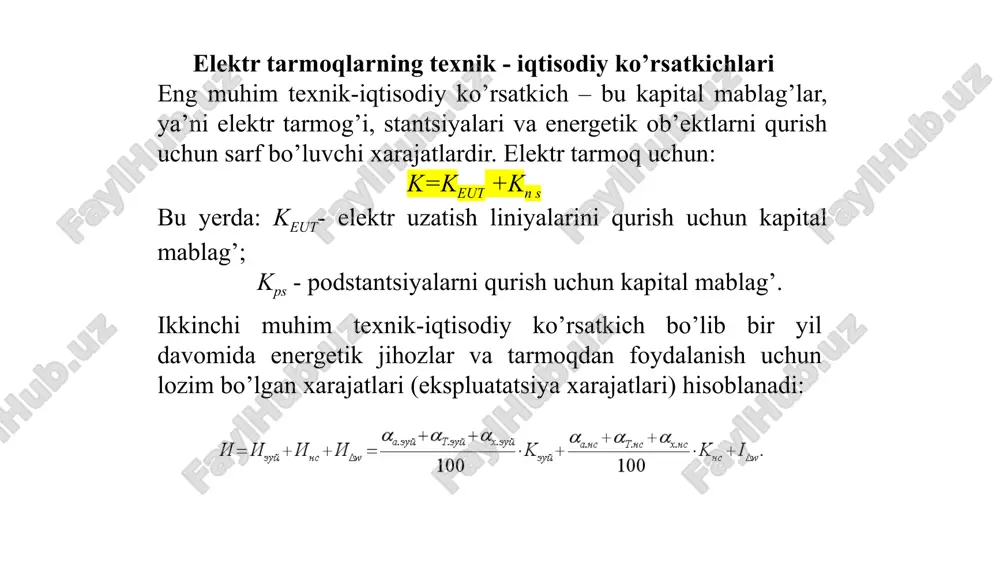 9). yillik ish vaqtini aniqlash: j_ek yillik toʻliq yukda ishlaydigan soatlarga (t, soat/yil) bogʻliq. koʻproq ishlagan jihozlar uchun zichlik pastroq boʻladi (yoʻqotishlarni kamaytirish uchun). jadvaldan qiymatni olish: standart jadvallar (masalan, pue yoki iec 60287 boʻyicha) dan foydalaning. kesim yuzasini hisoblash: s = i / j_ek. keyin standart oʻlchamlarga (masalan, 16, 25, 35 mm²) yaqinlashib, kattaroq qiymatni tanlang.qo'shimcha tekshiruvlar: issiqlik (j_max < 5-10 a/mm²), kuchlanish tushishi (δu < 3-5%) va mexanik mustahkamlikni tekshiring. hisobni, kuchlanishi 35kv ta’minot manbai va 10 kv.li uzatish elektr tarmog’i va kuchlanishi 35/10 kv.li 1 ta tuman transformator punkti (ttp) uchun bajaramiz. xisoblash uchun olingan ma’lumotlar 2016 yilgi bo’lganligi uchun uskunalarning narxlari so’mlarida baholanishi kerak. davlatlararo kelishuvga binoan hisob kitoblar aqsh $ olib borilayotganligi va hozirgi kundagi uskunalarning taxminiy narhlarni bilish maqsdida uni shartli mablag’ birligi(shmb)ga aylantiramiz. ya’ni 1 shmb = 1 aqsh $. o’zbekiston respublikasi markaziy bankining 2016 yil 3 martdagi ma’lumotiga ko’ra 1 aqsh $ …