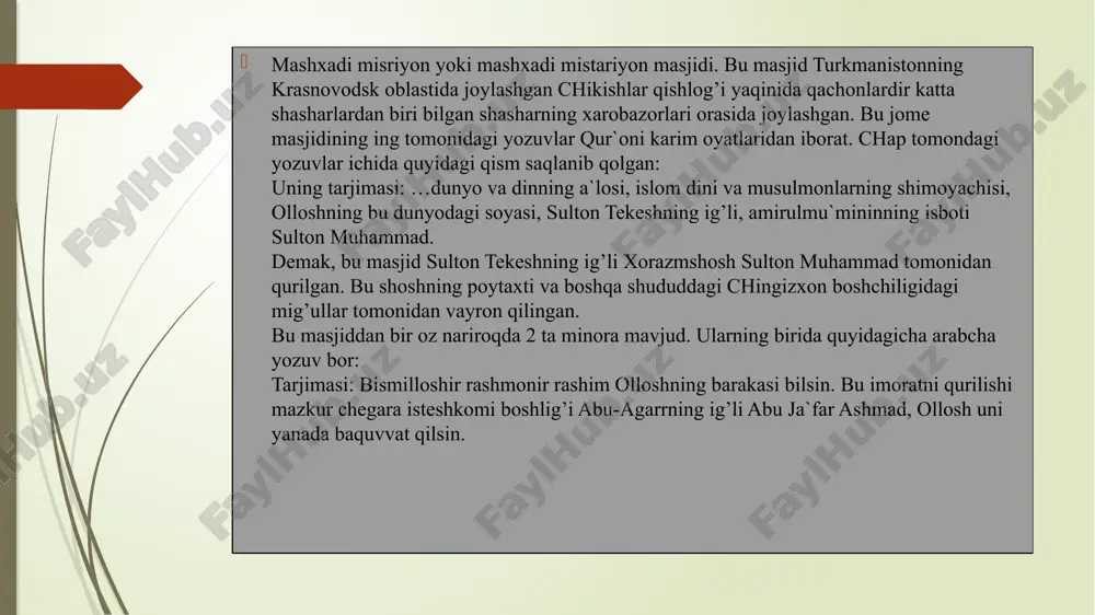 igi ham kirsatilgan. shoshi zinda me`moriy majmuasi. bu majmua samarqanddagi afrosiyob tepaligining janub tomonidagi qabriston yonida barpo etilgan va asosan maqbaralardan iboratdir. bular ichida eng qadimiysi payg’ambarimiz muhammad s.a.v.ning amakivachchalari bilgan kusam ibn abbos qabri ustiga qg’urilgan maqbaradir. kusam 676 yilda arab xalifaligi qishinlari tarkibida samarqandga islomni targ’ib qilish maqsadida kelgan va shu erda vafot etgan. keyinchalik uning qabri atrofiga samarqandning eng obrili kishilari dafn etila boshlagan. mig’ullar bosqini davrida afrosiyob butunlay vayronaga aylangan va asholi bu joylarni tashlab ketib qolgan. amir temur davri va nevarasi ulug’bek davriga kelib binokorlik ishlariga e`tibor berila boshlagan va asholi iz yurtiga qaytib kela boshlagan. shoshi zinda majmuasidagi kipchilik binolar xiv asrda qurilgan. shoshi zindaning 5 ta darvozasi bilgan. darvoza yonidagi bino (darvozaxona)lar 1434-35 yillarda ulug’bek tomonidan qurdirilgan. majmuaga kitariladigan katta zinapoya yonidagi ikki gumbazli maqbara temurning yaqin qarindoshlaridan bilgan iljaoyim qabri ustiga qurilgan. uning yonida temurning singlisi shirinbeka og’a maqbarasi joylashgan. uning qarshi …