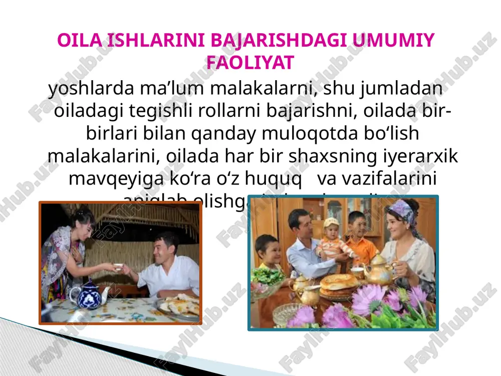 adar boqish va tarbiyalashga majburdirlar. davlat va jamiyat yetim bolalarni boqish, tarbiyalashva o‘qitishni ta’minlaydi, bolalarga bag‘ishlangan xayriya faoliyatlarini rag‘batlantiradi. farzandlar ota-onalarning nasl-nasabidan va fuqarolik holatidan qat’i nazar, qonun oldida tengdirlar. onalik va bolalik davlat tomonidan muhofaza qilinadi. voyaga yetgan, mehnatga layoqatli farzandlar o‘z ota-onalari haqida g‘amxo‘rlik qilishga majburdirlar. 63-modda 64-modda 65-modda 66-modda oila va uning jamiyat hayotidagi o‘rni beqiyos bo‘lib, konstitutsiyaning 14-bobi maxsus oilaga bag‘ishlangan. 16 nima sababdan biz ko‘proq oila va unda yuz beradigan munosabatlarga e’tiborli bo‘lamiz, nima sababdan oila maskanida o‘zimizni yaxshi, baxtli his etsak, ishimiz ham yurishgandek, omadimiz chopgandek bo‘ladi? chunki oila bizning hayotimizdagi eng aziz va muqaddas dargoh! faqat oilagina insonning baxtli bo‘la olishi, o‘zini kimlargadir kerakli his eta olishi yoki bo‘lmasa o‘zini ezilgan, omadsiz sezishiga sababchi bo‘lishi mumkin. oilaning nufuzi jamiyat taraqqiyotining kutilgan darajaga chiqa olmasligi, uning taraqqiyotiga to‘sqinlik qiluvchi, uning inqiroziga olib keluvchi kuchlarning yuzaga kelishida ham oilaning hissasi kattadir. chunki nosog‘lom psixologik muhitli, …