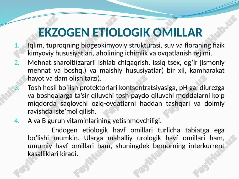 bu o’zgarishlar buyrakdagi yallig’lanish jarayoniga bog’liq . ko`pincha toshlar buyrakdagi yallig’lanish jarayoni paytida paydo bo’lib, siydikning yo’nalishini buzadi, natijada yallig’lanishni yanada kuchaytirib yuboradi. buyrakdagi «aseptik» toshlar ham morfologik o’zgarishlarni keltirib chiqaradi. siydikni tekshirib, unda mikroblar topilmasa ham u buyrakda yallig’lanish jarayonini yo’q deb bo’lmaydi. chunki nefrit xali interstinal holatda bo’lish mumkin, siydik koptokchalarining va kanalchalarining kengayishi, peri va endaarterit hollari, oraliq kushuvchi to’qimalarning proliferatsiyasi ayniqsa kanalchalar atrofida aniqroq kuzatiladi. asta-sekin to’qimalari atrofiyaga uchraydi. klinikasi kalkuriya og’riq gematuriya anuriya buyrak yetishmovchiligining klinik belgilari dizuriya o’tkir siydik tutilishi 22 tashxislash diagnoz qo’yishda anamnez yig’ish muhim ahamiyatga ega. og’riqning harakteri va davomiyligini (joylashuvi, kuchi, tarqalishi); og’riq ko’ngil aynishi, qusish, qaltiroq bilan kechyaptimi-yo’qmi; siydikda gematuriya borligi va davomiyligi; og’riqning kuchi va paydo bo’lish harakterini aniqlab olish zarur; bemordan oldin tosh tushganmi; urologik anamnezga egaligi, oldin stk bo’yicha tashrix qilinganligi surishtiriladi; bemorda oshqozon ichak traktida, jigar o’t yo’llarida, qalqonsimon oldi bezlarida kasalliklar bormi; oilasi va …