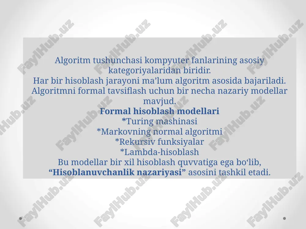 ov algoritmi qaysi fan sohasi bilan bog‘liq? a) geometriya b) hisoblanuvchanlik nazariyasi ✅ c) kriptografiya d) statistika 2. markov bo‘yicha hisoblanuvchi funksiya deganda nima tushuniladi? a) matematik formula b) normal algoritm orqali hisoblanadigan funksiya ✅ c) har doim chiziqli funksiya d) qiyosiy o‘lchov 3. quyidagi modellardan qaysi biri markov algoritmiga ekvivalent? a) venn diagrammasi b) turing mashinasi ✅ c) bayes tarmog‘i 4. markov algoritmidagi asosiy amal nima? a) qo‘shish b) belgilarni almashtirish ✅ c) qisqartirish d) taqsimlash 5. yakunlovchi qoida qanday belgilanadi? a) “*” b) “#” c) “.” ✅ d) “!” foydalanilgan adabiyotlar: 1.to'raev h.t., matematik mantiq va diskret matematika, toshkent: o'qituvchi nashriyoti, 2003, 378 b. 2.lixtarnikov l.m., sukacheva t.g., matematicheskaya logika. kurs lektsiy. zadachnik-praktikum i resheniya, sank-peterburg: lan, 1999, 286 s. 3. gavrilov g.p., sapojenko a.a. sbornik zadach po diskretnoy matematike. uchebnoe posobie. moskva: nauka. 4. iskandarov r.i., matematik logika elementlari,samarqand:samdu,1970,324 b. 5.a.a. markov. normal algoritmlar nazariyasi. – moskva, …