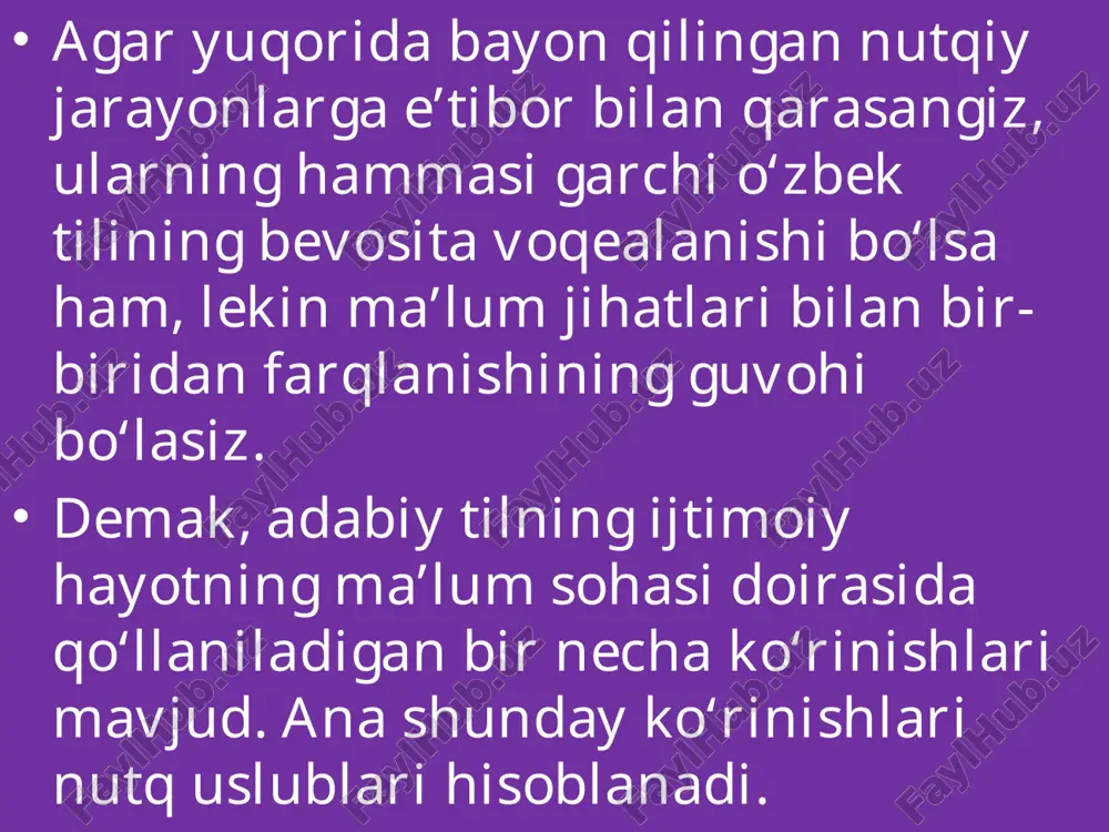 intaktik tuzilishi qat’iy qolirlarga bo‘ysunadi. masalan, «ushbu ma’lumotnomani ko‘rsatuvchi g‘. mo‘minov haqiqatan ham o‘zbekiston milliy universitetining matematika fakultetida dekan o‘rinbosari lavozimida ishlaydi...» ishonch qog‘ozi men, urganch akademik litseyining 2-bosqich talabasi o. olloberganov, menga litsey tomonidan ajratilgan mukofot pulini sinfdoshim a. do‘simovning olishi uchun ishonch bildiraman. a. do‘simovning tug‘ilganligi haqidagi guvohnomasi № tn 5891346. (imzo) o. olloberganov 2009-yil 8-fevral ilmiy uslub ilm-fan sohasida qo‘llaniluvchi nutq uslubi ilmiy uslub hisoblanadi. ilmiy uslub daliliy ma’lumotnomalar asosida chiqarilgan ilmiy xulosalarga (ta’rif-qoidalarga) ega bo‘lish, atamalarining keng qo‘llanilishi bilan boshqa uslublardan farq qiladi. ilmiy uslub ham o‘z ichida ikki guruhga bo‘linadi: sof ilmiy uslub ilmiy-ommabop uslub sof ilmiy uslub muayyan fan sohasidagi kishilarga nisbatangina qo‘llaniladi. shuning uchun bu uslubda fanning ma’lum sohasiga doir atamalar keng qo‘llaniladi. ilmiy-ommabop uslubda esa fan yutuqlarini keng ommaga yetkazish maqsad qilinadi. shuning uchun bunday uslub publitsistik uslubga yaqinroq bo‘ladi. ma’lum fan sohasiga doir atamalar qo‘llanilsa ham, lekin bu atamalar xalqqa tushunarli …
