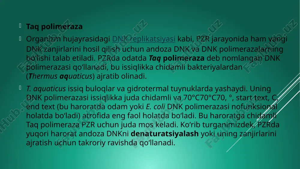 isoldagi kabi bitta markerda emas) voqea sodir boʻlgan joydan olingan dnk va gumon qilinuvchilarning dnksi oʻrtasida taqqoslanishi mumkin. bundan tashqari, odatiy sud-tibbiy ekspertizasida ishlatiladigan markerlar faqatgina ikki xil koʻrinishda boʻlmaydi. ular yuqori darajada polimorf (poly = koʻp, morph = shakl) boʻladi. yaʼni ular kichik qismlari boʻyicha farq qiladigan koʻplab allellar shaklida boʻladi. sud-tibbiy ekspertizasida eng koʻp ishlatiladigan markerlar qisqa toʻplamli takrorlanishlar (qtt) deb nomlanadi, juda koʻp miqdordagi bir xil nukleotid ketma-ketliklaridan iborat (odatda 222 dan 555 gacha uzunlikda). qttning bitta alleli 20 ta takrordan iborat boʻlishi, boshqalari esa 18 ta va hatto 10 ta takrordan iborat boʻlishi mumkin. har biri koʻplab allel shakllarda keluvchi koʻp sonli markerlarni tahlil qilgan holda sud-tibbiy ekspertizasi mutaxassislari dnk namunadan yagona boʻlgan genetik “barmoq izi” yaratadilar. odatiy qtt tahlillarida 13 ta marker qoʻllanadi, soxta musbat natijalar chiqishi ehtimoli 10milliard 111 taga teng biz dnk dalillari faqatgina jinoyatchilarni jazoga hukm qilish uchun foydalaniladi, deb oʻylashimiz mumkin, …
