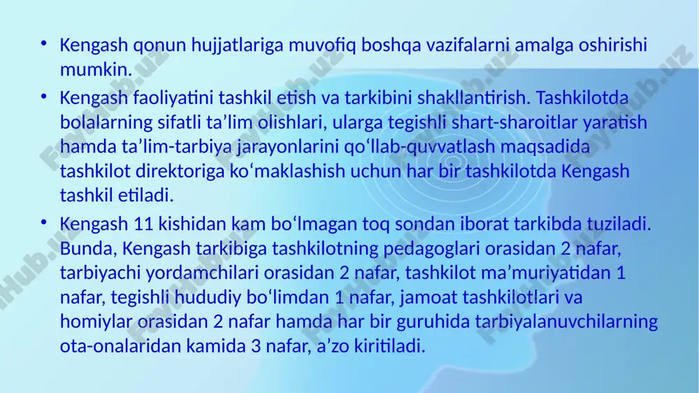 far, tegishli hududiy bo‘linmadan 1 nafar, jamoat tashkilotlari va homiylar orasidan 2 nafar hamda har bir guruhida tarbiyalanuvchilarning ota-onalaridan kamida 3 nafar a'zo kiritiladi. kengash tarkibi 3 yil muddatga saylanadi. bunda kengash tarkibi har o‘quv yili boshida ko‘rib chiqilishi mumkin. kengash a'zolari muassasa tarbiyalanuvchilari ota-onalarining umumiy yig‘ilishida ochiq ovoz berish yo‘li bilan saylanadi. kengash o‘ziga yuklatilgan vazifalarni amalga oshirishda quyidagi huquqlarga ega: muassasaning tegishli davrdagi faoliyati bo‘yicha muassasa rahbaridan ma'lumotlar so‘rash va olish; muassasaning moliyaviy hisobotlari bilan tanishish; homiylik va xayriya mablag‘larining kirim qilinishi va sarflanishi haqidagi ma'lumotlar bilan tanishish; muassasa pedagog xodimlarining sha'ni, qadr-qimmati, obro‘sini himoya qilish bo‘yicha takliflar kiritish. image1.png /docprops/thumbnail.jpeg