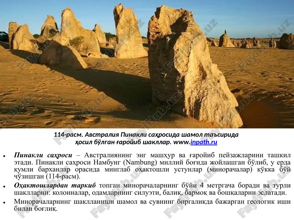 shamol birinchi navbatda yumshoq jinslarni emiradi. shamolning bunday emiruvchi ishi uchirib ketish va tarqatish bilan birga sodir bo'ladi. korraziya nuqtali, tirnovchi va burg'ilovchi bo'lishi mumkin. korraziya tufayli tog' jinslarida chuqurchalar, pastqamliklar, jo'yaklar, tirnash izlari vujudga keladi. ularning shakli va o'lchami birinchi navbatda tog' jinslarining tarkibi va yotish sharoitlariga bog'liq. shamol oqimining pastki qavatida qum ko'p bo'ladi. shuning uchun ham birjinsli substratning pastki qismida chetlari silliqlangan eng yirik kavaklar vujudga keladi. turli mustahkamlikka ega bo'lgan qatlamli yotqiziqlarda yumshoqroq qatlamlar faol emiriladi, ularning o'rnida jo'yakchalar hosil bo'ladi, qattiq qatlamlarda esa chetlari silliqlangan va dumaloqlangan karnizlar vujudga keladi (116-rasm). 116- rasm. neogen yotqiziqlarida hosil bo'lgan karnizlar. tarkibi doimiy bo'lmagan jinslar yuzasida, masalan notekis ohakli qumtoshlarda yumshoqrok joylari tarashlanib, emirilgan material uchirib ketiladi va eol qozonlari hosil bo'ladi. shunday qilib, deflyatsiya va korraziya hodisalari birlashib, tabiatda toshlardan har xil g'aroyib shakllar yasashadi, kichik g'orchalar, teshiktoshlar, ustunlar, odamsimon hayvonlarni eslatuvchi, ko'ziqoringa o'xshash shakllar vujudga keladi …