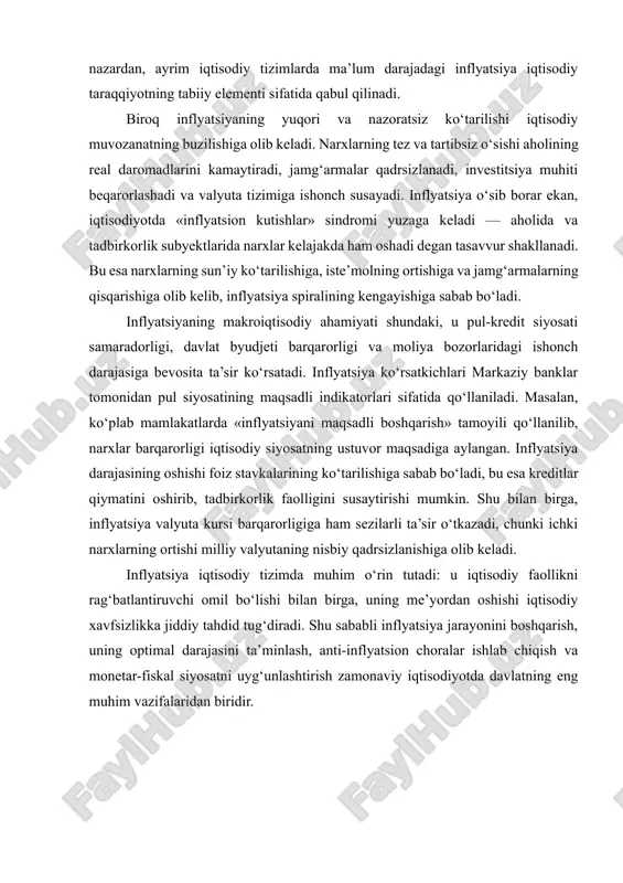 f: mo‘’tadil inflyatsiya — narxlarning yillik 5–10% atrofida sekin va barqaror o‘sishi bilan xarakterlanadi. ba’zi manbalarda bu ko‘rsatkich 3–5% ko‘rinishida beriladi. xususiyatlari: · narxlar asta-sekin oshadi va jamiyat tomonidan kutilgan, boshqariladigan jarayon sifatida qabul qilinadi. · pulning qadrsizlanishi sekin sodir bo‘ladi. · korxonalarning investitsion faolligi oshadi, iqtisodiy o‘sishni qo‘llab-quvvatlaydi. iqtisodiy ta’siri: · aholining real daromadlariga nisbatan sezilarli bosim qilmaydi. · kreditlar va investitsiyalar rag‘batlanadi. · tovarlar harakati, iste’mol va ishlab chiqarish jarayonlari ijobiy bo‘ladi. misol: · aqsh, yaponiya va evropa ittifoqi davlatlarida ko‘p yillardan beri inflyatsiya darajasi 2–4% atrofida bo‘lib keladi. natija: mo‘’tadil inflyatsiya normal iqtisodiy rivojlanish belgisi sifatida qaraladi va ko‘plab markaziy banklar iqtisodiy siyosat orqali aynan shunday darajani saqlashga intiladi. ✅ 2. tezlashuvchi (tezkor) inflyatsiya ta’rif: tezlashuvchi inflyatsiya — narxlar yiliga 10% dan 50% gacha oshadigan holat bo‘lib, pul qadrsizlanish jarayoni tez kuchayadi. xususiyatlari: · jamg‘armalar va uzoq muddatli investitsiyalar kamayadi. · aholi pulga ishonchini yo‘qotadi va tez …