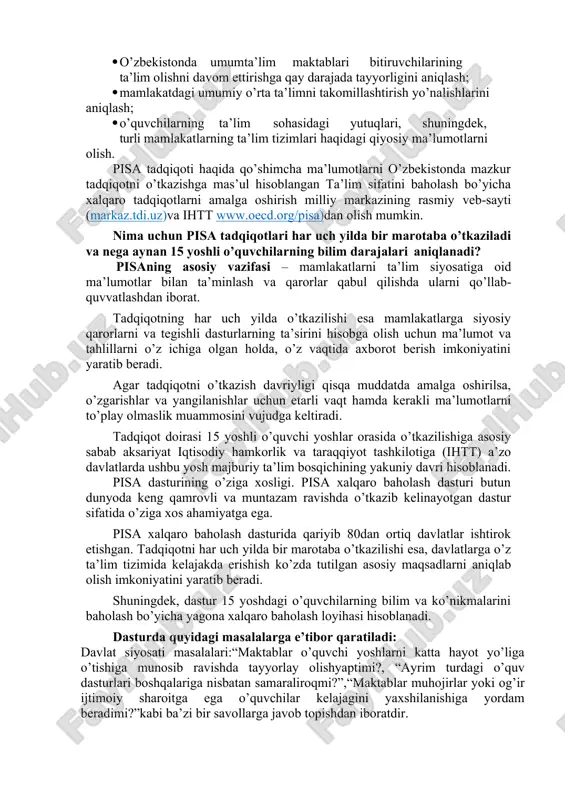 da ta’lim sifatini baholash sohasidagi xalqaro tadqiqotlarni tashkil etish chora-tadbirlari to’g’risida” 2018 yil 8 dekabrdagi 997-son qarori talablaridan kelib chiqadigan vazifalarimiz, pisa tadqiqotlarini amalga oshirish bo’yicha texnik talablar, unga tayyorgarlik ko’rish va o’tkazish tartibi haqida ma’lumot berib o’tamiz -pisa 1990 yillar oxirida iqtisodiy hamkorlik va taraqqiyot tashkiloti (ihtt) tomonidan muntazam ravishda xalqaro qiyosiy tadqiqotlar olib borish maqsadida ishlab chiqilgan bo’lib, u ihttga a’zo mamlakatlarda 15 yoshli o’quvchilarning o’qish, matematika va tabiiy fanlar bo’yicha savodxonlik darajasini baholashning yuqori sifatli indikatorlarini yaratish uchun mo’ljallangan loyihadir. -pisa, ihttga a’zolik maqomiga ega bo’lgan davlatlar, ya’ni ihttga a’zo, hamkor va ishtirokchi davlatlar bilan birgalikda hamda parij shahrida joylashgan kotibiyat orqali boshqariladi pisa tadqiqotlariga tayyorgarlik ko’rish, amalga oshirish muddati 5 yilga mo’ljallangan bo’lib, xalqaro pudratchilar tomonidan 2018 yilda sinov materiallari ishlab chiqildi, 2019 yil sinov materiallarini moslashtirish ishlari olib boriladi, unga tayyorgarlik holatini tahlil qilish maqsadida milliy darajada baholashlar, 2020 yil pisa sinov baholashlari va 2021 …