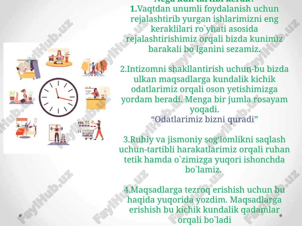 li qiluvchi omildir. u vaqtni tejash, intizomni shakllantirish va sog‘lom hayot tarzini yo‘lga qo‘yishda muhim rol o‘ynaydi. rejalashtirilgan kun ruhiy osoyishtalik, jismoniy sog‘lomlik va maqsadlarga tezroq erishishni ta’minlaydi. har kuni belgilangan tartibda yashash — muvaffaqiyat sari tashlangan eng ishonchli qadamlardan biridir. “tartibli kun — barakali hayotning kaliti.” **kun tartibi** | insonning kundalik ishlarini ma’lum vaqt oralig‘ida rejalashtirilgan tartibda bajarish tizimi. **rejalashtirish** | maqsadga erishish uchun ishlarni oldindan tartib bilan belgilash jarayoni. **intizom** | belgilangan tartib va qoidalarga qat’iy amal qilish odati. **samaradorlik** | belgilangan ishni vaqtida va sifatli bajarish darajasi. **vaqtni boshqarish** | vaqtni to‘g‘ri taqsimlab, muhim ishlarni ustuvorlik bilan bajarish san’ati. **sog‘lom turmush tarzi** | tana va ruh salomatligini saqlovchi hayot tarzidir: to‘g‘ri ovqatlanish, sport, tartibli uyqu va dam olish. | **baraka** | ish va hayotda tinchlik, mo‘l-ko‘llik va muvaffaqiyatning ortishi. **muvozanat** | ruhiy, jismoniy va aqliy jihatdan barqarorlik holati. **tanaffus** | faoliyat orasidagi qisqa dam olish vaqti. izohli …