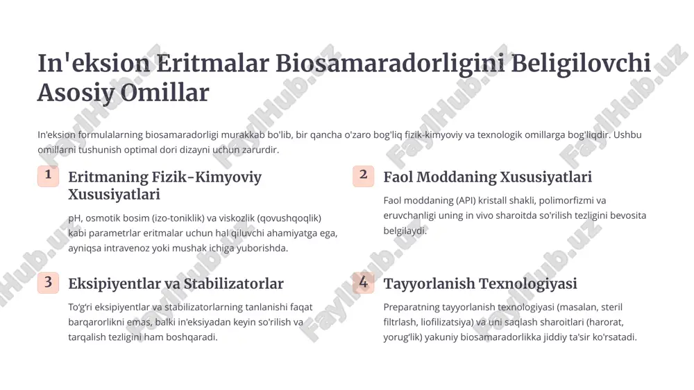 hadagi rivojlanishning asosini tashkil etmoqda. kelajak istiqbollari kelajakda dori yetkazib berish tizimlari shaxsiylashtirilgan tibbiyot va maqsadli terapiya tamoyillari asosida rivojlanishni davom ettiradi. 11 foydalanilgan adabiyotlar ro'yxati aulton, m. e., & taylor, k. m. g. (2021). aulton’s pharmaceutics: the design and manufacture of medicines. elsevier. adejare, a. (ed.). (2020). remington: the science and practice of pharmacy (23rd ed.). pharmaceutical press. florence, a. t., & attwood, d. (2016). physicochemical principles of pharmacy (6th ed.). pharmaceutical press. shargel, l., & yu, a. b. c. (2016). applied biopharmaceutics and pharmacokinetics (7th ed.). mcgraw-hill education. sinko, p. j. (2011). martin’s physical pharmacy and pharmaceutical sciences (6th ed.). lippincott williams & wilkins. kalepu, s., & nekkanti, v. (2013). lipid-based formulations for oral and parenteral drug delivery — an overview. acta pharmaceutica sinica b, 3(6), 361–372. narang, a. s., & desai, d. s. (2009). injectable emulsions and their bioavailability considerations. advanced drug delivery reviews, 61(6), 483–497. wang, …