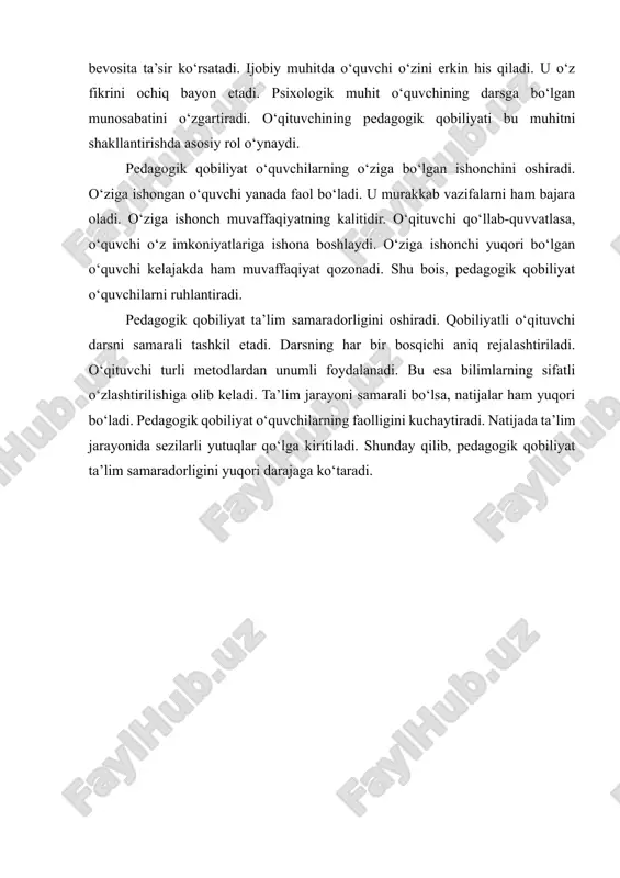 dagogik qobiliyat o‘quvchilarning mustaqil fikrlashini rag‘batlantiradi. mustaqil fikrlash ta’limning eng muhim maqsadlaridan biridir. o‘quvchilar o‘z fikrini erkin ifoda etishga o‘rganadi. o‘qituvchi turli savollar orqali ularni mustaqil fikrlashga yo‘naltiradi. mustaqil fikrlash o‘quvchilarni ijodkor qiladi. bu ularning hayotiy muammolarni hal qilish ko‘nikmasini rivojlantiradi. mustaqil fikr bildirgan o‘quvchi jamiyatda ham faol bo‘ladi. pedagogik qobiliyat o‘quvchining tanqidiy fikrlashini ham qo‘llab-quvvatlaydi. shu bois mustaqil fikrlash pedagogik qobiliyatning asosiy natijalaridan biridir. pedagogik qobiliyat sinf jamoasida ijobiy psixologik muhit yaratadi. ijobiy muhitda o‘quvchilar bir-birini qo‘llab-quvvatlaydi. ular do‘stona munosabatda bo‘ladilar. sinfda hamkorlik va hurmat kuchayadi. bu esa ta’lim samaradorligiga bevosita ta’sir ko‘rsatadi. ijobiy muhitda o‘quvchi o‘zini erkin his qiladi. u o‘z fikrini ochiq bayon etadi. psixologik muhit o‘quvchining darsga bo‘lgan munosabatini o‘zgartiradi. o‘qituvchining pedagogik qobiliyati bu muhitni shakllantirishda asosiy rol o‘ynaydi. pedagogik qobiliyat o‘quvchilarning o‘ziga bo‘lgan ishonchini oshiradi. o‘ziga ishongan o‘quvchi yanada faol bo‘ladi. u murakkab vazifalarni ham bajara oladi. o‘ziga ishonch muvaffaqiyatning kalitidir. o‘qituvchi qo‘llab-quvvatlasa, o‘quvchi o‘z …