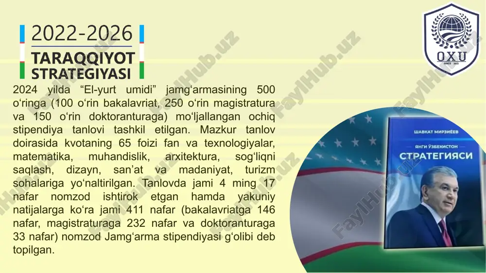 ish va stajirovkadan o‘tkazishning ustuvor yo‘nalishlari va mutaxassisliklari bo‘yicha asoslangan takliflarni jamg‘armaga taqdim etsin. - jamg‘arma vasiylik kengashi ikki oy muddatda bir nomzodga ajratiladigan jamg‘arma stipendiyasining chegaraviy o‘lchami va moliyalashtirish tartibini belgilash to‘g‘risidagi nizomni ishlab chiqsin va tasdiqlasin. e’tiboringiz uchun rahmat image5.png image6.png image7.png image8.jpeg