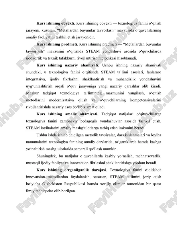 shga xizmat qiladi. kurs ishining tuzilmasi: kirish, 2 ta bob, 6 ta qism, xulosa va foydalanilgan adabiyotlar ro'yxatidan iboratdir. i bob metallardan buyumlar tayyorlash mavzusining o‘quv jarayonidagi o‘rni 1.1. texnologiya fanida metallarga oid bilimlarning ahamiyati texnologiya fani o‘quvchilarda amaliy mehnat, ijodiy fikrlash va ishlab chiqarish madaniyatini shakllantirishga xizmat qiladi. ushbu fan doirasida metallarga oid bilimlar o‘quvchilarning texnik tafakkurini rivojlantiradi, ularni real hayotiy muammolarni hal qilishga tayyorlaydi va mehnatsevarlik, aniqlik hamda mas’uliyatlilik kabi fazilatlarni tarbiyalaydi. metallar insoniyat tarixida eng qadimiy ishlab chiqarish materiallaridan biri bo‘lib, hozirgi kunda ham barcha sohalarda — sanoat, transport, qurilish, qishloq xo‘jaligi va maishiy xizmatlarda keng qo‘llaniladi. shuning uchun metall bilan ishlashni o‘rgatish texnologiya fanining muhim yo‘nalishlaridan biridir. o‘quvchilar metallarning xossalari (qattiqlik, mustahkamlik, egiluvchanlik, elektr va issiqlik o‘tkazuvchanlik), ularni ishlov berish usullari (qirqish, bukish, parmalash, payvandlash, pishirish) bilan tanishadilar. bu esa ularda texnik tafakkur, mantiqiy tahlil va ijodiy yondashuvni shakllantiradi. metallarga oid bilimlarning ta’limiy ahamiyati 1. amaliy …
