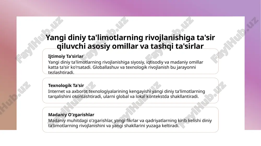 iy ta'limotlar va ularning global xavflarga ta'siri. xalqaro diniy tadqiqotlar jurnali, 2021. 5. bekchanov, m. yangi diniy fikrlarning rivojlanishi va ta'siri. 6. madaniyat va diniy o'zgarishlar: yangi diniy ta'limotlarning o'rni. toshkent, 2019. e'tiboringiz uchun rahmat!
