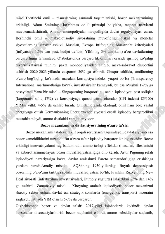 iyalari (inflyatsiya 1,5% dan past, budjet defitsiti yimning 3% dan kam) a’zo davlatlarning barqarorligini ta’minlaydi.o‘zbekistonda barqarorlik omillari orasida qishloq xo‘jaligi diversifikatsiyasi muhim: paxta monopoliyasidan chiqib, meva-sabzavot eksportini oshirish 2020-2023-yillarda eksportni 30% ga oshirdi. chuqur tahlilda, omillarning o‘zaro bog‘liqligi ko‘rinadi: masalan, korrupsiya indeksi yuqori bo‘lsa (transparency international ma’lumotlariga ko‘ra), investitsiyalar kamayadi, bu esa o‘sishni 1-2% ga pasaytiradi.yana bir misol – singapurning barqarorligi: ochiq iqtisodiyot, past soliqlar (korporativ soliq 17%) va korrupsiyaga qarshi qattiq choralar (cpi indeksi 85/100) yimni yillik 4-5% da ushlab turadi. omillar orasida ekologik omil ham bor: yashil energiyaga o‘tish germaniyaning energiewende siyosati orqali iqtisodiy barqarorlikni mustahkamlaydi, ammo dastlabki xarajatlar yuqori. bozor mexanizmi va davlat siyosatining o‘zaro ta’siri bozor mexanizmi talab va taklif orqali resurslarni taqsimlaydi, davlat siyosati esa bozor kamchiliklarini tuzatadi. bu o‘zaro ta’sir iqtisodiy barqarorlikning asosidir. bozor erkinligi innovatsiyalarni rag‘batlantiradi, ammo tashqi effektlar (masalan, ifloslanish) va axborot asimmetriyasi bozor muvaffaqiyatsizligiga olib keladi. artur piguning refah iqtisodiyoti nazariyasiga …