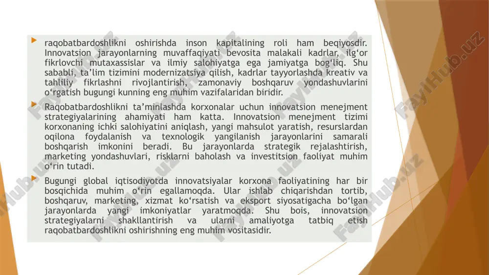 qobat muhitini yaratish, sog‘lom raqobatni qo‘llab-quvvatlash, monopoliyalarni cheklash va innovatsion faoliyatni rag‘batlantirish orqali muhim rol o‘ynaydi. shu ma’noda, raqobat siyosati va innovatsion siyosat bir-birini to‘ldiruvchi mexanizmlar hisoblanadi. bugungi kunda xalqaro maydonda mamlakatlarning raqobatbardoshligi ularning texnologik salohiyati, infratuzilma rivoji, ta’lim sifati, korporativ boshqaruv madaniyati va innovatsion faoliyat darajasi bilan belgilanadi. jahon iqtisodiy forumining reytinglariga ko‘ra, eng raqobatbardosh davlatlar — bu ilmiy-texnik taraqqiyotga sarmoya kiritayotgan, inson kapitalini rivojlantirayotgan va barqaror iqtisodiy siyosat yuritayotgan mamlakatlardir. o‘zbekiston iqtisodiyoti ham so‘nggi yillarda raqobatbardoshlikni oshirish yo‘lida muhim qadamlar qo‘ymoqda. mamlakatda iqtisodiy liberallashuv jarayonlari, innovatsion faoliyatni qo‘llab-quvvatlovchi dasturlar, yangi texnoparklar va startap ekotizimlarining rivojlanishi bu borada muhim asos yaratmoqda. davlat tomonidan qabul qilingan “innovatsion rivojlanish strategiyasi” milliy iqtisodiyotning raqobatbardoshligini oshirishga qaratilgan amaliy chora-tadbirlarni o‘z ichiga oladi. raqobatbardoshlikni ta’minlashda korxonalar uchun strategik rejalashtirish ham alohida ahamiyat kasb etadi. strategik yondashuv korxonaning uzoq muddatli maqsadlarini belgilash, resurslarni to‘g‘ri taqsimlash, bozordagi o‘zgarishlarga moslashish va risklarni kamaytirish imkonini beradi. strategik fikrlashga …