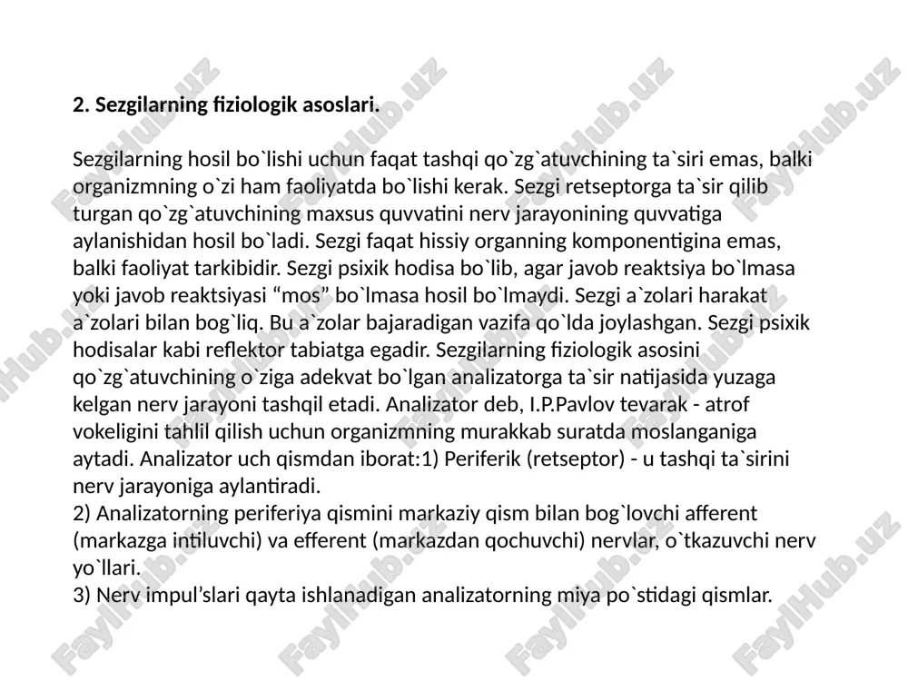 atga ega bo`lgan bir vaqtdagi qo`zg`alish tufayli sezgirlikning o`zgarishidir. masalan: tinch joyda tovush kuchliroq seziladi. oqimtir fonda qora rang qoraroq, qoramtir fonda oq rang yana ham och bo`lib seziladi. masalan: odam charchaganda sezgirlik pasayadi. harakat oshganda sovuqqa sezgirlik o`tkirlashadi. sezgirlik kasbga ham bog`liq. masalan: rassomlarda rang sezish, musiqachilarda tovush sezish va shu kabilar. odamning sezgilar orqali tashqi dunyo voqea-xodisalarini bilishi quyidagi uch bosqichdan iborat; 1. tashqi dunyodagi predmetlar va voqea-xodisalar sezgi organiga (retseptorga) ta’sir etiadi. bu ta’sir tegishli nervlarni harakatgakeltiradi, natijada qo’zg’alish vujudga keladi. 2. bu qo’zg’alish maxsus nervlar yordamida bosh miyaga yetkaziladi. 3. bosh miya po’stining markaziy xujayralar sistemasida sezish xolati yuz beradi. ana shu uch bosqichdan iborat bo’lgan sezuvchi nerv apparati akademik i.p.pavlov ta’limotida analizator deb aytiladi. biror predmet yoki voqea-xodisaning ta’srini bevosita aks ettiruvchi apparat analizator hisoblanadi. bu jihatdan har bir sezgi a’zosi o’ziga xos analizatordir. masalan, ko’z – ko’rish analizator, quloq – eshitish analizatori, burun – …