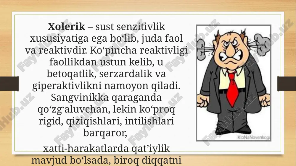 ‘ta talabchan bo‘lib qoladilar. sinchkov (pedantik) tip mojarolarga kam aralashib, xizmat doirasida o‘zini qattiqqo‘ldek tutib, atrofdagilarga ko‘p talablar qo‘yadi. shuningdek, yetakchilikni bajonidil boshqa odamlarga beradi. ba’zida oila a’zolariga tartib borasida o‘ta talabchan. uning ijobiy xislatlari: sofdil, tartibli, jiddiy, sadoqatli. salbiy tomonlari: rasmiyatchi, pismiq, qiziqqon. jo‘shqin (hayajonli) tip – bu toifadagilar tor doirada saralangan odamlar bilan aloqa qilishni afzal ko‘radilar. ular kam hollarda mojarolarga aralashib, xafachiliklarini ichlarida saqlaydilar. ijobiy xislatlari: samimiylik, rahm-shafqatlilik, o‘zgalarning yutug‘idan quvonadigan hamda bo‘ysunuvchan. salbiy tomonlari – yig‘loqi, o‘ta hissiyotli, izzattalab. image5.png image6.png image7.jfif image8.png image9.png image10.jfif image11.jpg image12.jpg image13.png image14.jpg image15.png image16.jfif image17.png image18.jpg image19.png image3.png image4.png /docprops/thumbnail.jpeg