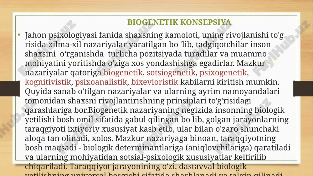 ’yorlarga ega bo‘lib, ular shaxs rivojlanishiga bevosita ta’sir ko‘rsatadi. 4. tarbiya va ta’lim muhim omil – inson shaxs sifatida shakllanishida oilaviy tarbiya, maktab, ijtimoiy institutlar muhim rol o‘ynaydi. sotsiogenetik konsepsiya vakillari 1. k. marks va f. engels – ijtimoiy ong nazariyasi. shaxsning shakllanishi jamiyatdagi ijtimoiy-iqtisodiy tuzum bilan bog‘liq.insonning fikrlashi va qadriyatlari uning ijtimoiy mavqei va mehnat faoliyatiga bog‘liq.jamiyat inson shaxsiyatini belgilaydi, va inson ham jamiyatni o‘zgartira oladi. 2. j. mid (george herbert mead) – “men” tushunchasi. shaxs ikki tarkibiy qismdan iborat:”i” (men o‘zim) – insonning tug‘ma xususiyatlari va tabiiy instinktlarining ifodasi. "me" (men jamiyatda) – insonning ijtimoiy rollari va jamiyat ta’sirida shakllangan qismi. 3. l. vygotskiy – madaniy-tarixiy rivojlanish nazariyasi. bola shaxsining rivojlanishi ijtimoiy muhit va madaniyat bilan bog‘liq. nutq va tafakkur jamiyat ta’sirida rivojlanadi. 4. e. fromm – ijtimoiy xarakter. insonning xarakteri va xulq-atvori jamiyatdagi ijtimoiy-iqtisodiy sharoitga bog‘liq.har bir tarixiy davrda jamiyat muayyan shaxsiy xususiyatlarni rivojlantiradi (masalan, individualizm, iste’mol …