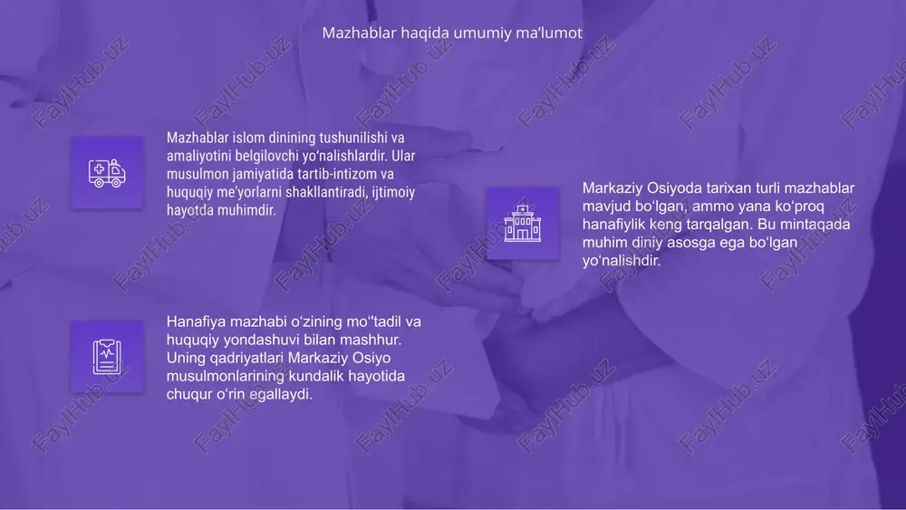 iqlikka yuz tutdi. sovet davrida diniy erkinlik cheklovlari shunga qaramay, xonafiya mazhabi xalq orasida yashab qoldi, oilalarda sirtdan o‘qitildi va diniy qadriyatlarni saqlashda davom etdi. markaziy osiyoda islom dini qadimdan mavjud bo‘lib, hanafiylik mazhabi asosiy diniy yo‘nalish sifatida keng tarqalgan va rivoj topgan edi. mustaqillikdan so‘ng diniy erkinliklar tiklanib, aholining hanafiylik mazhabiga nisbatan qiziqishi yana kuchayib, diniy merosga hurmat ortib bordi. bugungi kunda hanafiylik mazhabi diniy ta'lim, ma'rifat va ijtimoiy barqarorlikni mustahkamlashda muhim o‘rin tutadi va keng e'tirof etiladi. mustaqillikdan so‘ng diniy qadriyatlarning tiklanishi markaziy osiyo tarixida hanafiylik islom dinining asosiy huquqiy maktabi sifatida mustahkam o‘rin egallagan. bu maktab xalqlarning diniy hayotini belgilagan. hanafiylik mohiyatiga ko‘ra, insonlar hayotiga moslashuvchan va fikr yuritishga imkon bergan. u diniy bag‘rikenglikni targ‘ib qilib, barqarorlik yaratgan. bugungi kunda hanafiylik markaziy osiyoda asosiy mazhab sifatida mavjud. u diniy birlik, ijtimoiy murosaga hissa qo‘shmoqda hamda o‘zligini saqlamoqda. 27% 27% 46% bugungi markaziy osiyoda hanafiylik markaziy osiyo tarixida …