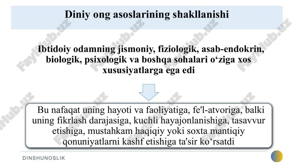 (erklig) boshqargan. tangrichilikda tabiat va inson o‘rtasida chegara daxlsizligini saqlashga alohida e’tibor bilan qaralgan 29 dinshunoslik agar inson tabiatga me’yordan ortiq zarar yetkazsa, unda tabiat ruhlarining roziligiga erishish uchun qurbonlik keltirish zarur bo‘lgan. qurbonliklar yirik tog‘lar yoki daryolar oldida ommaviy ravishda o‘tkazilgan. daraxtlar orqali ma’budlar oziqlanadi, - deb e’tiqod qilingani sababli qurbonlik qonlari daraxtlar ostiga quyilgan. lekin, odamlar tabiat ruhlarini o‘zlariga hamkor sifatida qarashgan, ularni qarindosh yoki ajdodlar ruhlari deb bilishgan. moniylik 30 dinshunoslik 30 moniylikka surayk ibn fatak (216-276) tomonidan asos solingan ushbu din qadimgi bobil dinlari, yahudiylik, xristianlik, buddaviylik va zardushtiylikning diniy ta’limotlari asosida vujudga kelgan moniylik g‘arbda rimgacha, sharqda xitoy va hindistongacha bo‘lgan hududda keng yoyilgan moniyning yoshligi gnostiklar ibodatxonasida o‘tgan va 12 yoshga to‘lganida o‘ziga vahiy kelganini ma’lum qilgan o‘ziga xabar bergan ilohning nomini moniy «ikki mohiyat ruhi» deb atagan moniylik 31 dinshunoslik 241 yil moniy 24 yoshga yetganda unga o‘z ilohidan yana vahiy kelgan va …