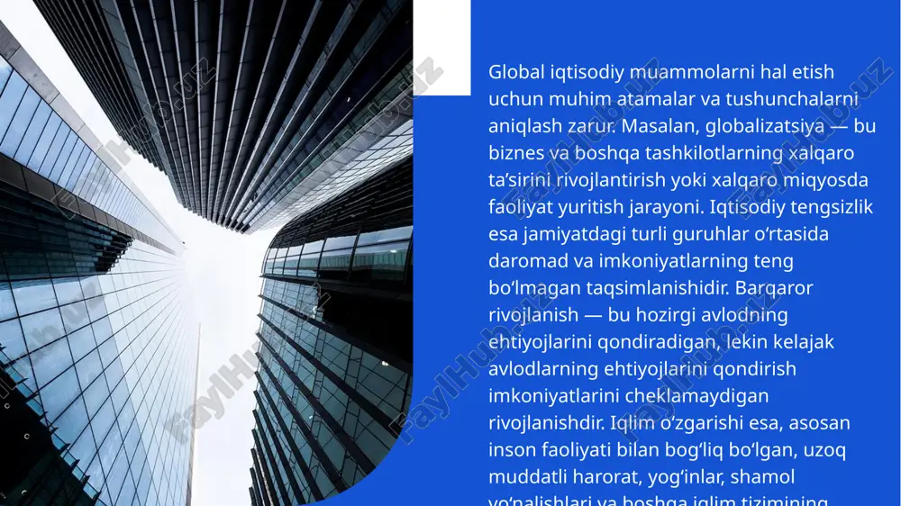 o'rinlarini yaratishga, shuningdek, energiya samaradorligini oshirishga yordam beradi. xulosa qilib aytganda, global iqtisodiy tengsizlik muammosi, turli sabablari va ta'sirlari bilan birga, hal etiladigan qiyin masaladir. ta'limga kirishni oshirish, iqtisodiy siyosatlarni yangilash va xususiy sektorni faol ishtirok etish orqali bu muammoni hal etish mumkin. iqtisodiy tengsizlikni kamaytirish, nafaqat adolatli va barqaror iqtisodiy tizimlarni yaratish, balki ijtimoiy barqarorlikni ta'minlash va kelajak avlodlar uchun yaxshiroq sharoitlar yaratish uchun ham juda muhimdir. iqlim o'zgarishi va iqtisodiy barqarorlik o'rtasidagi bog'lanish, zamonaviy iqtisodiy tizimlar uchun muhim ahamiyatga ega. iqlim o'zgarishi, asosan, inson faoliyati natijasida yuzaga kelayotgan global muammolardan biri bo'lib, bu jarayon iqtisodiyotning turli jabhalariga ta'sir ko'rsatmoqda. iqlim o'zgarishi va iqtisodiy barqarorlik o'rtasidagi bu o'zaro aloqani tushunish, iqtisodiy rivojlanishni ta'minlash va kelajak avlodlar uchun barqaror muhit yaratishda muhimdir. iqlim o'zgarishi, asosan, global issiqlik, iqlimning o'zgarishi va ekotizimlaridagi o'zgarishlar shaklida namoyon bo'ladi. bu jarayonlar, o'z navbatida, qishloq xo'jalik, sanoat va xizmatlar kabi iqtisodiyotning asosiy sektorlariga ta'sir qiladi. …
