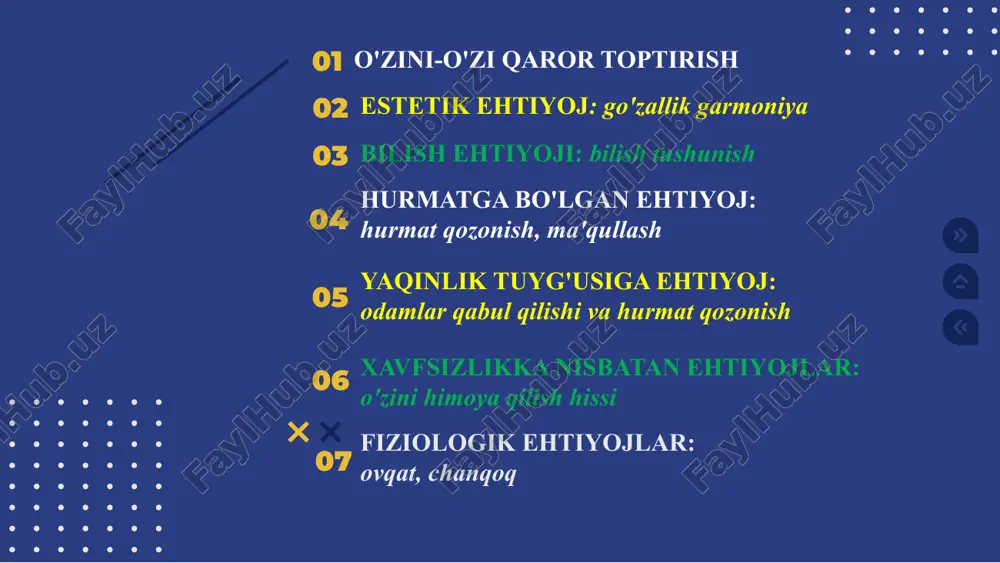 lar vujudga keladi, yangicha ma'no kasb eta boshlaydi. yuqorida ta'kidlab o’tganimizdek, tabiiy ehtiyojlar qondirilmasa, ular insonni halokat yoqasiga etaklaydi, biroq madaniy ehtiyojlarning qondirilmasligi unday oqibatlarga olib kelmaydi, uning kamolotini sekinlashtiradi. ma'naviy ehtiyojlar moddiy ehtiyojlar bilan uzviy bog’liq bo’lib vujudga kelgan ma'naviy ehtiyojlarni qondirish jarayoni moddiy ehtiyojlarning tarkibiga kiruvchi moddiy narsalar yordamida amalga oshiriladi, chunonchi kitob, yozuv qog’ozi va boshqalar. ehtiyojlarning turlari haqida fikr bildirilganda yana shu narsaga e'tibor berish kerakki, kelib chiqishiga binoan tabiiy turga taalluqli ehtiyoj o’z predmetiga ko’ra moddiy guruhga xuddi shu mezonlar bo’yicha bir davrning o’zida madaniy ehtiyojning moddiy yoki ma'naviy ehtiyoj turkumiga kiritish mumkin. shu tariqa ehtiyojning kelib chiqishi va predmeti, xususiyati bo’yicha ikki mezonga asoslanib, muayyan guruhlarga ajratiladi. inson ongining tarixiy taraqqiyotiga nisbatan va ehtiyojlarning ob'ektiga bergan munosabatiga binoan har xil tasniflanadi va xuddi shu mezonlarga ko’ra ular rang-barang turlarga ajratiladi. ularning izchilligi, barqarorligi, davomiyligi, ko’lami, ahamiyatliligi, predmetliligi, ijtimoiyligi, individualligi kabi xususiyatlari bilan o’zaro bir-biridan …