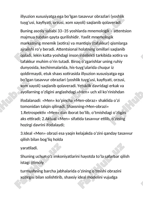 o’ziga buyruq berish kabilarda aks etadi. o’zini anglash ko’pincha, o’ziga boshqa kishilar: a)yoshi ulug’ odamlar; b)tengdoshlar; v)o’zidan kichik odamlar nuqtai-nazaridan qarashda ko„rinadi. mazkur yosh davridagi odamlarning ko’rish maydonini o’rgangan l.n.kulenova va m.d.aleksandrovalar 36-50 yoshli erkaklarda ko’rish chegarasi quyidagicha ekanini aniqlaganlar: normadan ortiq 4%, normada 53%, qolganlari normadan kam. yu.n.kulyutkin 36-40 yoshli sinaluvchilarda diqqat, xotira, tafakkurning 0- 130 gacha shkalada 94,8, 93,7, 99,0 birligiga ega ekanligini isbotlab berdi. b.g.ananev esa mazkur yoshdagilarda shaklni idrok qilishni bipopulyar va mopopulyar yo’llarida muayyan darajada tafovutlar yuzaga kelishini aytadi. qator olimlar (klapared, mayle, bellis, filipp) mazkur yoshdagilarning tovush va yorug’likdan ta`sirlanish vaqti o’zgarishini o’rganganlar. olingan ma’lumotlar amaliy ahamiyatga ega bo’lib, o’z qimmatini hozirgacha saqlab kelmoqda. ful`de, raven, pako kabi tadqiqotchilar intelektning qobiliyatini tekshirib, 30 yoshda 96, 40 yoshda 87, 50 yoshda 80, 60 yoshda 75% bo’lishni aniqlaganlar. ularning ijtimoiy faoliyatiga kirish xususiyatini faollik nuqtainazaridan v.shevchuk 35 yoshidagi odamlarning 6,2% bu faoliyatda qatnashish istagini bildirsa,40 yoshda …