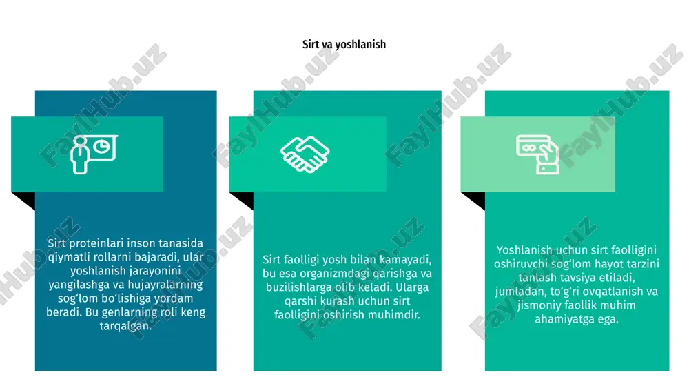 m kuchli bo'lish uchun asosiy rol o'ynaydi. ko'proq energiya va farovonlikni ta'minlaydi. sirt va ruhiy salomatlik sirt integrali, hujayralardagi genlarni faollashtirish orqali ruhiy va jismoniy salomatlikni yaxshilaydi. bu proteinlar stress va yoshi bilan kurashadi. sirtlarning salomatlikdagi roli stressni kamaytirish va energiya balansini saqlashda muhimdir. ular ruhiy farovonlikni va umumiy sog‘lom turmush tarzini qo‘llab-quvvatlaydi. yoshartirish jarayonida sirtlarni faollashtirish, muhim qarorlarni qabul qilish va ruhiy salomatlikni mustahkamlashda yordam beradi. bu yangi ta'lim va terapiya imkoniyatlaridir. sirt va hayot davomiyligi sirt genlari hujayralarning energiya sarfi va regeneratsiyasida muhim rol o'ynaydi. ular hayot davomiyligiga ta'sir qiluvchi muhim omil hisoblanadi. sirt aktivatsiyasi yoshga qarshi kurashda yordam beradi, zararli erkin radikallarni izolyatsiya qiladi va hujayra funkciyalarini uzluksiz saqlashga yordam beradi. sirt mehmonligi va uning sog‘liq uchun ta’siri, uzoq umr va yoshi kattaroq insonlarning biologik yoshini sekinlashtirishga yordam beradi. sirt va biomarkerlar sirt integrali va sirt biomarkerlari sog'liq holati va qarishni chuqur tushunishga yordam beradigan muhim molekulalardir. …