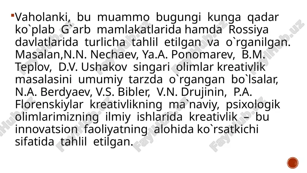 n. . ta`lim olish kengligi. ta`lim olish kengligining bazasi sifatida madaniyathisoblanadi. uni esa shaxs modellashtiradi. kreativlik 1. nutq ob`ektivliligi jarayonida sub`ektiv sistematizatsiyalanadi 2. kreativlik badiiy va oddiy nutq bilan tavsiflanadi. 3. monologik va yozma nutq muallifning sub`ektivliligini bildiradi, maktabinshosi – psixodiagnostik tahlilning ob`ekti hisoblanadi. uning yordamida shaxsning shaxsiy sifatlarini aniqlash mumkin. 4. nutqdagi kreativlik erkinlik asosida amalga oshirilib, uning erkinligi til va nutq qonuniyatlariga amal qilgan bo`lsa da cheksizdir 5. matnni tuzishda ongli va ongsiz jarayonlar amalga oshiriladi; ongli – ya`nibunda matnning semantik o`ziga xosligi, ikkinchi holatda esa – sintaksislik (shaklni). e’tiboringiz uchun raxmat image4.png image3.png image5.jpeg image6.jpeg image7.jpeg image8.jpeg image9.jpeg image2.png /docprops/thumbnail.jpeg