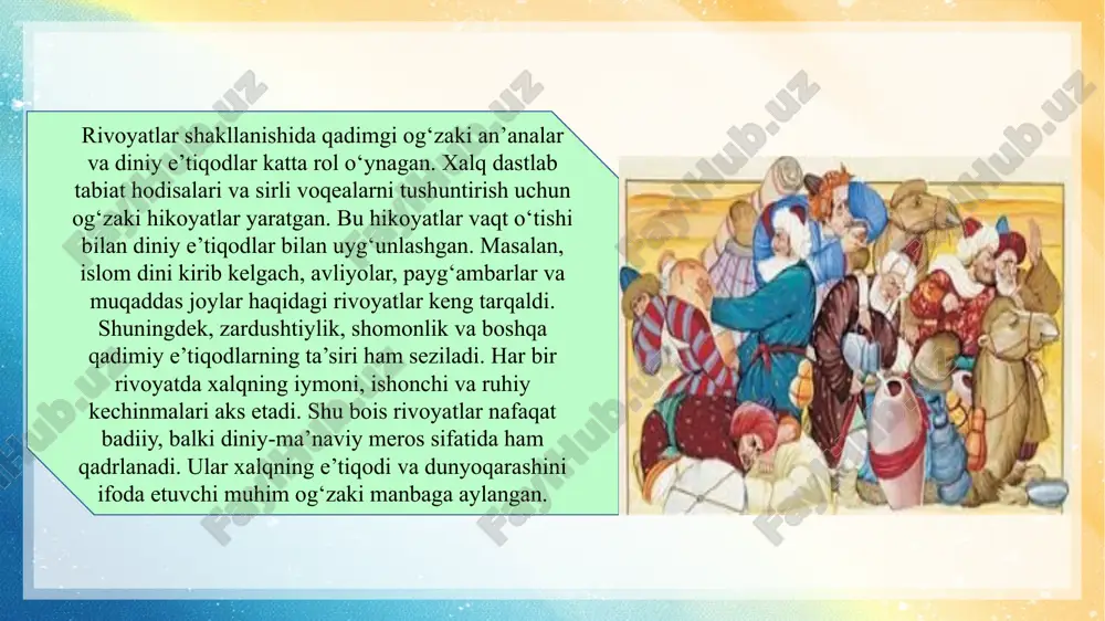 sosan to‘qima syujet asosida yaratiladimi? (ha/yo‘q) rivoyatlarda haqiqat va badiiyat unsurlari bir-biriga uyg‘unlashgan bo‘ladimi? (ha/yo‘q) rivoyatlarda tarixiy shaxslar va voqealar ko‘p uchraydimi? (ha/yo‘q) rivoyatlarda mo‘jizaviy va g‘ayritabiiy hodisalar hech qachon uchramaydimi? (ha/yo‘q) afsonalardan farqli ravishda rivoyatlar tarixiy haqiqatga yaqin bo‘ladimi? (ha/yo‘q) rivoyatlar faqat diniy mavzularda yaratilgan janrmi? (ha/yo‘q) rivoyat janrining shakllanishiga qadimgi e’tiqodlar va og‘zaki an’analar ta’sir ko‘rsatganmi? (ha/yo‘q) rivoyatlarda syujet va obrazlar tizimi butunlay to‘qima asosida quriladimi? (ha/yo‘q) rivoyatlar xalq tarixiy xotirasini saqlash vositalaridan biri hisoblanadimi? (ha/yo‘q) image1.jpeg image2.png image3.png image4.png image5.jpeg /docprops/thumbnail.jpeg