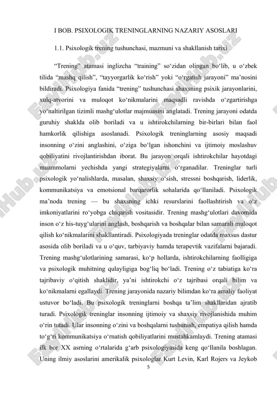 ini baholash mexanizmlarini kuchaytiradi. trening orqali inson o‘zining salbiy his-tuyg‘ularini boshqarish va konstruktiv yo‘nalishga o‘zgartirish imkoniyatiga ega bo‘ladi. shu boisdan treninglar psixoterapiya jarayonlarida ham keng qo‘llaniladi. treningda psixolog ishtirokchilarni faollashtiruvchi vositachi rolini bajaradi. u o‘quvchilarni faol tinglash, fikr almashish va o‘z ustida ishlashga yo‘naltiradi. psixologik treninglarda psixodrama, rol o‘ynash, muhokama va guruhiy tahlil kabi metodlardan foydalaniladi. trening mashg‘ulotlarida har bir ishtirokchining shaxsiy hissasi muhim ahamiyat kasb etadi. chunki har bir shaxs o‘z hayotiy tajribasidan kelib chiqib, umumiy jarayonga hissa qo‘shadi. treninglar insonda o‘zgarishlarga ochiqlik va ijobiy fikrlashni rivojlantiradi. psixologik treninglarning samaradorligi ularning interaktivligiga va ishtirokchilar o‘rtasidagi o‘zaro ishonchga bog‘liq. shuning uchun trening o‘tkazuvchi mutaxassis, ya’ni fasilitator, muhitni iliq va qulay shaklda yaratishga intiladi. treninglar o‘zida ta’lim, o‘yin va psixoterapiya elementlarini uyg‘unlashtiradi. bu ularni universal psixologik vosita sifatida ahamiyatli qiladi. psixologik treninglarning asosiy maqsadi insonni o‘z ustida ishlashga, ichki salohiyatini anglashga va uni rivojlantirishga undashdir. trening orqali inson o‘zini ifoda etishdan …