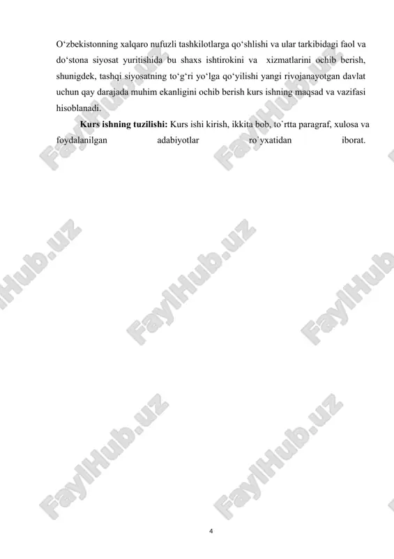 ʻullanuvchi tashkiloti yuneskoga ham aʼzo boʻldi[footnoteref:8]. [8: karimov i. o'zbekiston – kelajagi buyuk davlat. – t.: o'zbekiston, 2008. 431-bet. ] oʻzbekiston oʻz ovozi va mavqeiga ega boʻlgan aʼzo sifatida bmt oldiga muhim va dolzarb masalalarni qoʻyyapti. oʻzbekiston respublikasi prezidenti islom karimovning bmt bosh assambleyasi 1993-yil sentabrda 48-sessiyasida bmt tashkil etilganining 50 yilligiga bagʻishlangan sessiyada (1995-yil oktabr), bmt bosh assambleyasining „mingyillik sammiti“ (2000-yil sentabr) da soʻzlagan nutqlari dunyo jamoatchiligida katta qiziqish uygʻotdi. xususan, ushbu xalqaro tashkilotning xx asr soʻnggidagi eng yirik anjumanida oʻzbekiston rahbari xalqaro terrorizm va narkobiznes bilan bogʻliq muammolarni hal etish, mintaqaviy xavfsizlik, jumladan markaziy osiyo mintaqasida barqarorlik va xavfsizlikni taʼminlash, jahon xavfsizligi tizimini takomillashtirish, bmt faoliyati va tarkibiy tizimini isloh qilishga taalluqli takliflar bilan chiqdi. oʻzbekiston respublikasi bmtning teng huquqli aʼzosi sifatida bu eng nufuzli xalqaro tashkilotning maqsad va qoidalariga qatʼiy amal qilmoqda[footnoteref:9]. [9: levitin l. islom karimov – yangi o'zbekiston prezidenti. – t.: shark, 2008. 126-bet.] bugun …