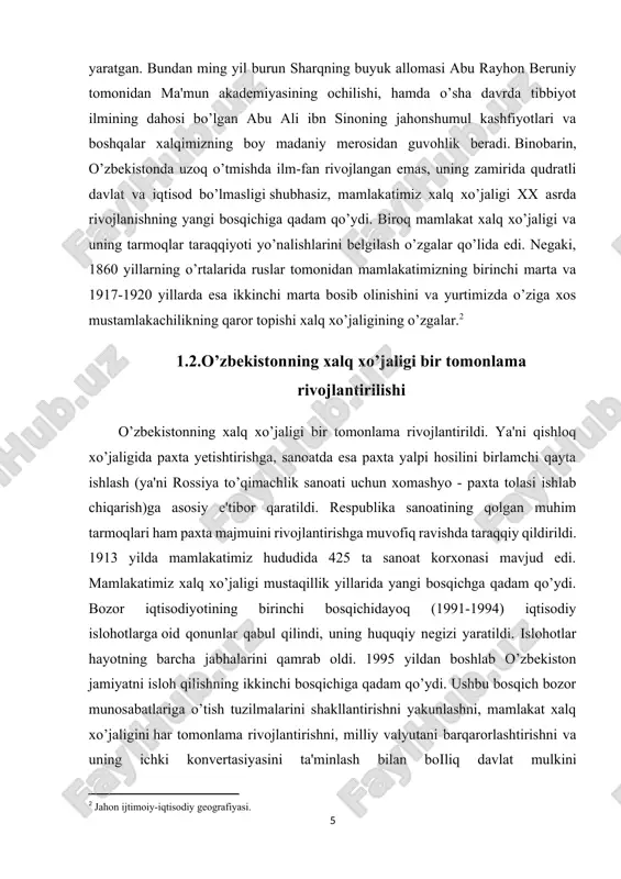 b chiqarish)ga asosiy e'tibor qaratildi. respublika sanoatining qolgan muhim tarmoqlari ham paxta majmuini rivojlantirishga muvofiq ravishda taraqqiy qildirildi. 1913 yilda mamlakatimiz hududida 425 ta sanoat korxonasi mavjud edi. mamlakatimiz xalq xo’jaligi mustaqillik yillarida yangi bosqichga qadam qo’ydi. bozor iqtisodiyotining birinchi bosqichidayoq (1991-1994) iqtisodiy islohotlarga oid qonunlar qabul qilindi, uning huquqiy negizi yaratildi. islohotlar hayotning barcha jabhalarini qamrab oldi. 1995 yildan boshlab o’zbekiston jamiyatni isloh qilishning ikkinchi bosqichiga qadam qo’ydi. ushbu bosqich bozor munosabatlariga o’tish tuzilmalarini shakllantirishni yakunlashni, mamlakat xalq xo’jaligini har tomonlama rivojlantirishni, milliy valyutani barqarorlashtirishni va uning ichki konvertasiyasini ta'minlash bilan boіliq davlat mulkini xususiylashtirishni yakunlash hamda iqtisodiyotni xomashyo yetishtirib berishdan tayyor mahsulot chiqarishga yo’naltirishni ko’zda tutilgan. shuningdek, iqtisodiy islohotlarning yuqorida zikr qilingan ikkinchi bosqichida iqtisodiyotni barqarorlashtirish va xalq xo’jaligi uzoq tarmoqlari o’sishini ta'minlash, ishlab chiqarishda aholi keng iste'mol mollariga ko’ra ularning ehtiyojini nazarda tutib o’zgarishlar qilish va boshqa hayotiy masalalar xalq xo’jaligida qator tarkibiy o’zgarishlar yuz berdi. jumladan, …