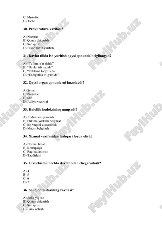 ujjatda mustahkamlangan? a) jinoyat kodeksi b) konstitutsiya c) fuqarolik kodeksi d) budjet kodeksi 70. xodimning mehnat shartnomasi nimani belgilaydi? a) o‘qish rejasi b) ishlash shartlari c) qo‘shnilar huquqi d) do‘kon narxlari 71. o‘zbekiston davlat boshqaruvi qanday tuzilmaga asoslanadi? a) markazlashgan tuzilma b) o‘qituvchilar kengashi c) avtoritar tizim d) tasodifiy tuzilma 72. “axborot texnologiyasi” tushunchasi nimani anglatadi? a) faqat kompyuter o‘yinlari b) ma’lumotni qayta ishlash texnikasi c) telefon qo‘ng‘irog‘i d) rasm chizish 73. davlat xizmatchisi ma’lumotni yashirsa bu nima bo‘ladi? a) korrupsiya xavfi b) rag‘bat c) tashkilot bayrami d) to‘g‘ri harakat 74. o‘zbekistonda saylovlar qanday asosda o‘tkaziladi? a) ochiq, erkin va adolatli b) faqat xodimlar ovoz beradi c) faqat erkaklar ovoz beradi d) cheklangan holda 75. huquqbuzarlikka kim javobgar? a) boshqa odam b) rahbar c) uni sodir etgan shaxs d) hisobchi 76. davlat xizmatchilari odob-axloqi qaysiga tayanadi? a) halollik b) qo‘pollik c) sovg‘a olish d) tanishlar 77. ish joyida telefon orqali …