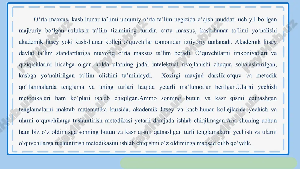 qatnashgan tenglamalarni yechish usullari. tenglama tushunchasi bizga ma’lumki maktab matematika kursi orqali kiritiladi. o‘quvchilar 4-sinfgacha natural sonlar ustida to‘rt amalni bajarishni o‘rganadi. so‘ngra o‘quvchilarga qo‘shish, ayirish, bo‘lish amallarida qatnashayotgan komponentlardan ikkitasi ma’lum bo‘lganda noma’lum qatnashayotgan komponentni topish o‘rganiladi. bunda ana shu topilishi kerak bo‘lgan komponentni harf bilan belgilanadi. ta’rif. tenglama deb, noma’lum son qatnashgan tenglik tenglama deyiladi. tenglamada noma’lum sonlar x, y, z. ... harflar bilan belgilanadi. tenglamani yechish degan so‘z uning hamma ildizlarini topish demakdir (agar ular mavjud bo‘lsa), boshqacha qilib aytganda, noma’lumning tenglamani chap qismini uning o‘ng qismiga teng qiladigan qiymatni topish tenglamani yechish deb ataladi [11]. masalan, x+4=7 tenglama, x=3 soni uning ildizidir, chunki tenglamaning ildizigina berilgan tenglikni to‘g‘ri tenglikka aylantira oladi. t a’ r i f. tenglamani to‘g‘ri tenglikka aylantiruvchi noma’lumning qiymati tenglamaning yechimi yoki ildizi deyiladi. sonning butun va kasr qismi qatnashgan tengsizliklar va ularni yechish usullari sonning butun va kasr qismi qatnashgan funksiyalar, ularning …
