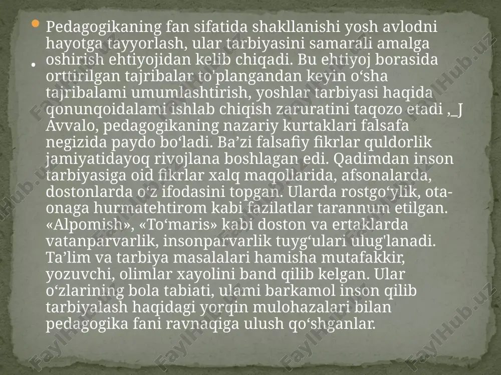 olga yetkazmoq tarbiya vositasida bo‘ladir. agar bola yaxshi tarbiya topib, buzuq xulqdan saqlanib, go‘zal xulqlarga odatlanib katta bo‘lsa, baxtiyor bir inson bo‘lib chiqadi. agar tarbiyasiz, axloqi buzilib o‘ssa, nasihatni qulog‘iga olmaydigan, har xil buzuq ishlami qiladigan nodon, johil, bir rasvoyi odam bo‘lib chiqadi». axloqimiz binosining go‘zal va chiroyli bomishida tarbiyaning ta’siri kattadir. yuqorida biz, tarbiyadan maqsad - barkamol insonni tarbiyalash, degan edik. xo‘sh, barkamol inson deganda kimlami tushunmoq kerak? sharqona tarbiya ming yillar mobaynida islomiy axloq qoidalari asosida tarkib topib borgani tarixdan ma’lum. . rasululloh sallallohu alayhi vasallam: «farzandlaringizni izzat-ikrom qilish bilan birga, tarbiyasini, odobini ham yaxshilanglar!», deganlar. shu bilan birga, «hech bir ota o‘z farzandiga xulq-odobdan yaxshiroq meros qoldirolmaydi», deb tarbiyada ota-onaning rolini belgilab o‘tganlar. islomiy (sharqona) tarbiya barcha mo‘min-u musulmonlami nihoyatda xush xulqli, shirin so‘zli, oliyjanob boiishga da’vat etadi. bir rivoyatda yaxshi tarbiya ko‘rganning o‘nta nishonasi sanab o'tiladi: l.xalq to‘g‘ri deb topgan narsaganoto‘g‘ri deb qaramaslik. 2 .0 ‘z …