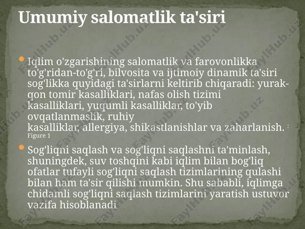 mumkin, chunki issiqlik bilan bog'liq sog'liq muammolari tufayli xodimlarning sog'lig'i zaiflashishi mumkin. noaa tomonidan 2013 yilda olib borilgan tadqiqot shuni ko'rsatdiki, issiqlik stressi joriy emissiya stsenariylarida mehnat qobiliyatini sezilarli darajada kamaytiradi mehnat qobiliyatining o'zgarishi yuqumli kasallik ko'pincha suv toshqini, zilzilalar va qurg'oqchilik kabi ekstremal ob-havo hodisalari bilan birga keladi. ushbu mahalliy epidemiyalar shifoxonalar va sanitariya xizmatlari kabi infratuzilmaning yo'qolishi, shuningdek, mahalliy ekologiya va atrof-muhitdagi o'zgarishlar tufayli yuzaga keladi. misol uchun, bezgak epidemiyasi bir qator mamlakatlarda (masalan, hindiston va venesuela) el-ninyo tsikllari bilan kuchli bog'langan. el-ninyo vaqtinchalik bo'lsa-da, haroratning o'zgarishi va toshqin kabi atrof-muhitdagi keskin o'zgarishlarga olib kelishi mumkin[44]. global isish tufayli ob-havo sharoitlari o'zgarib bormoqda. issiqlikdan tashqari ekstremal ob-havo hodisalari iqlim o'zgarishi quruqlik va dengizdagi oziq-ovqat xavfsizligi va kam ovqatlanishga ta'sir qiladi. oziq-ovqat xavfsizligi ortib bormoqda (asosiy sabablarning ba'zilari iqlim o'zgarishi bilan bog'liq, masalan, ekstremal ob-havo hodisalari, zararkunandalar va patogenlarning ko'payishi) va 2019-yilda 2 milliard odamga ta'sir ko'rsatdi oziq-ovqat xavfsizligi …